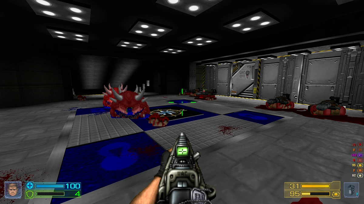 Erste-Person-Sicht des Spielers, der im Dragon Sector Mod für Doom II auf Höllenritter in einer futuristischen Basis schießt