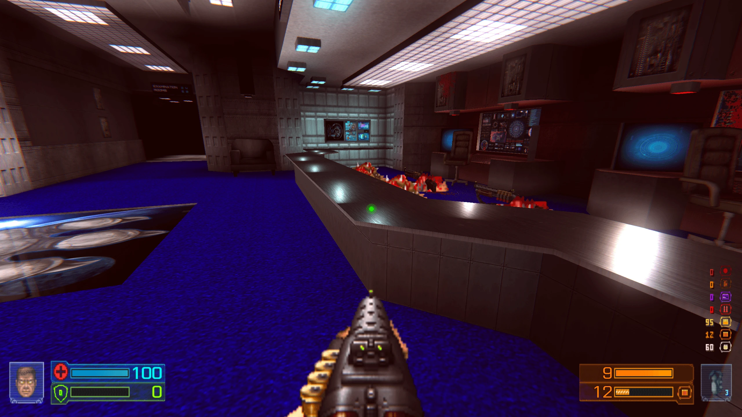 Erste-Person-Ansicht mit Schrotflinte in einem Sci-Fi-Kontrollraum mit blauem Teppich und Bildschirmen im Dragon Sector Mod
