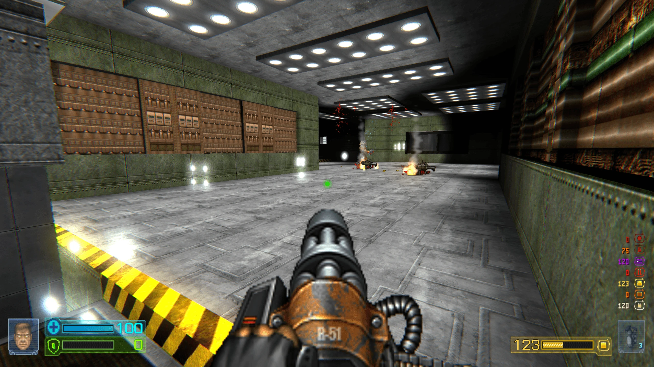 Spieler hält schwere Waffe in futuristischem Raum mit beleuchteten Paneelen und zwei brennenden Gegnern im Doom II Dragon Sector Mod