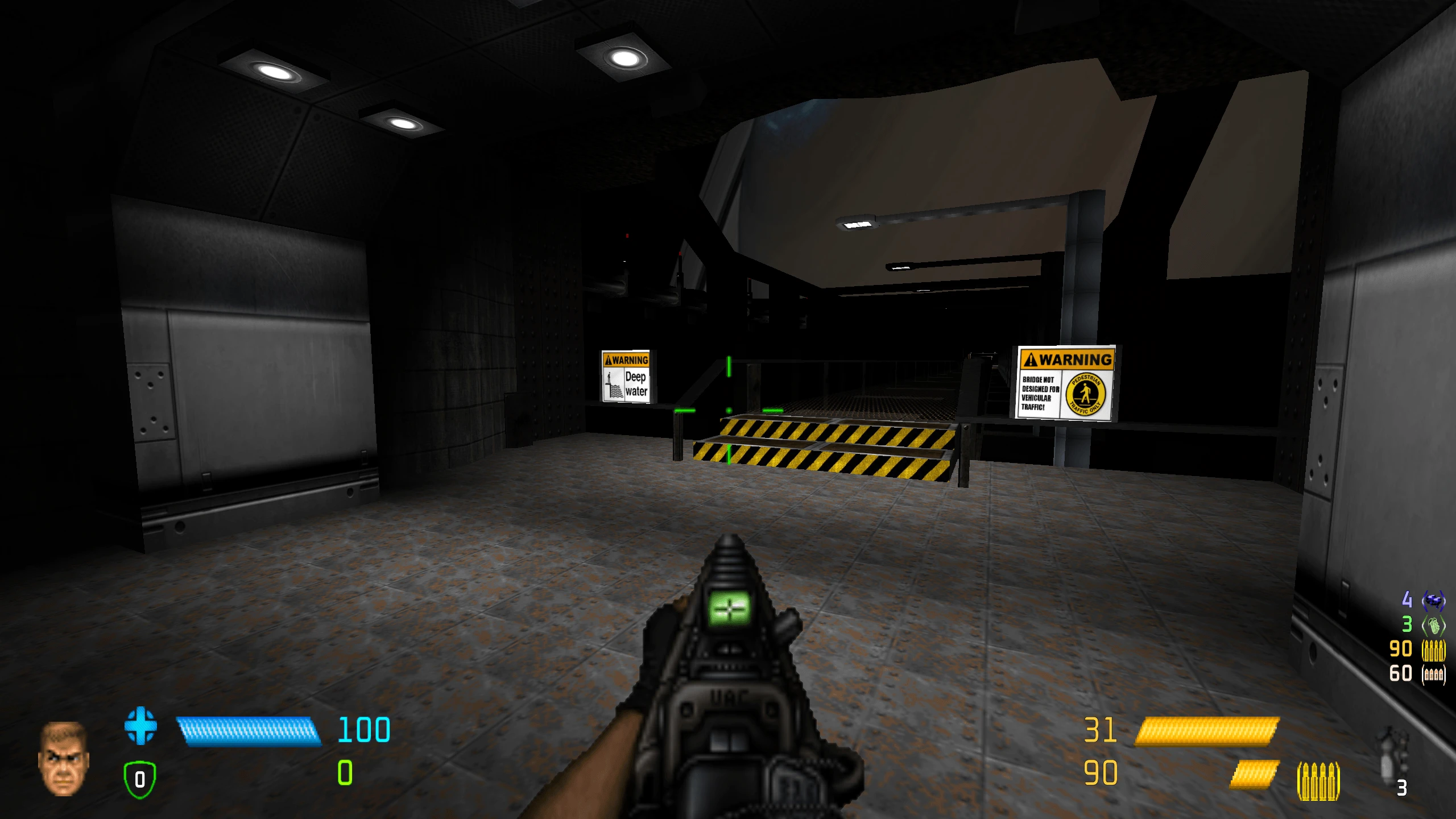 Ego-Perspektive eines dunklen Industrieflurs mit Warnschildern und schwarz-gelb gestreifter Brücke im Doom II Mod