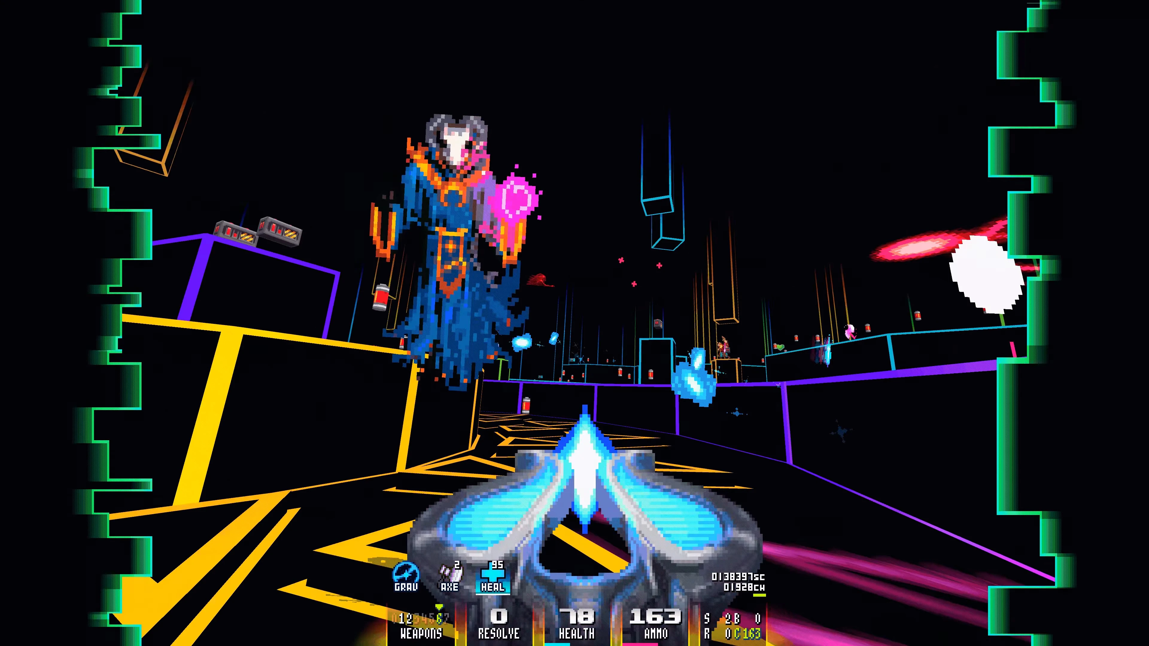 In-game screenshot showing a pixelated mage enemy casting spells in neon outlined arena from End Of Starchild Doom II mod