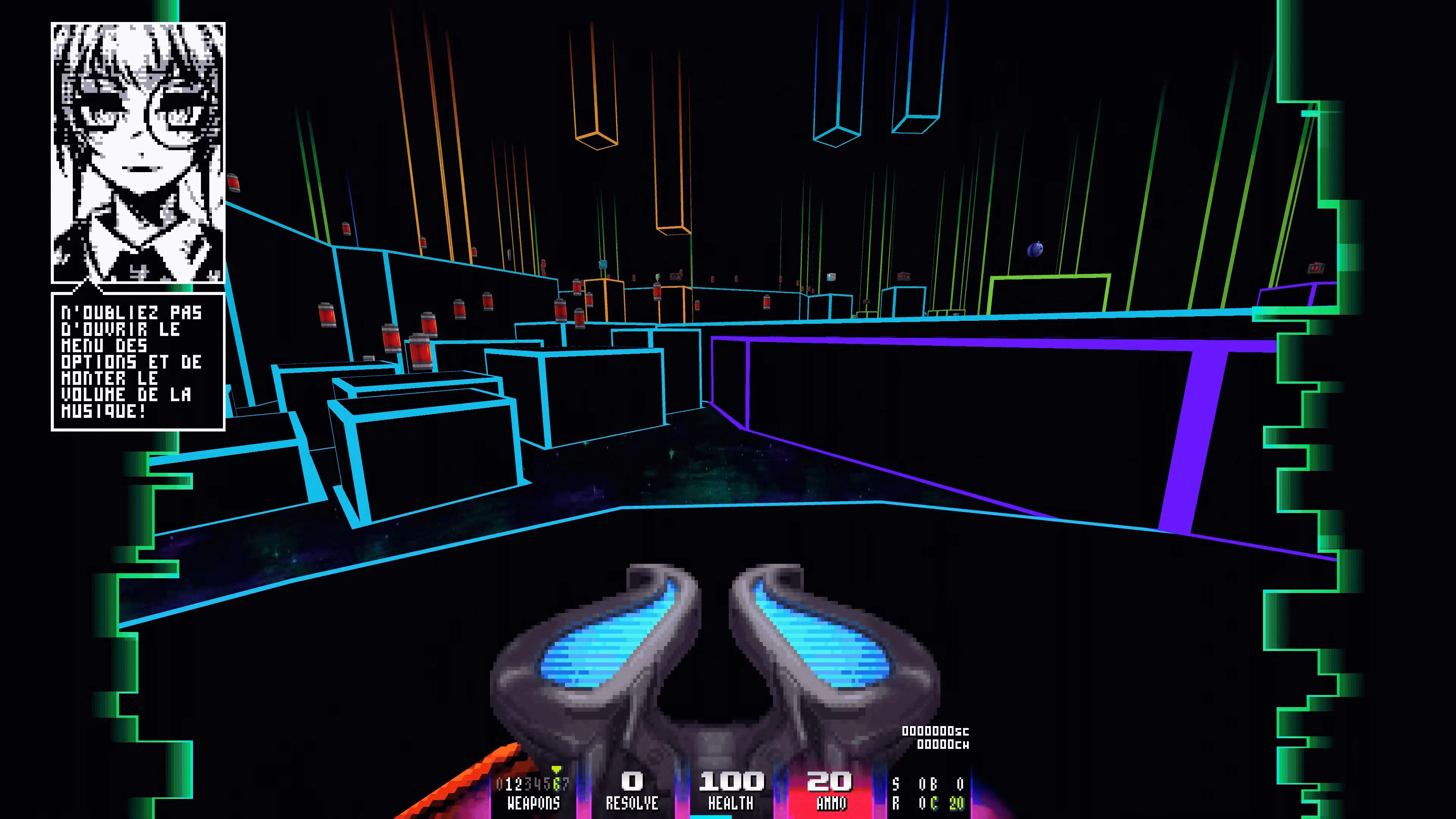 First-person view inside a dark neon-outlined arena with combat weapons and health stats in Doom II mod