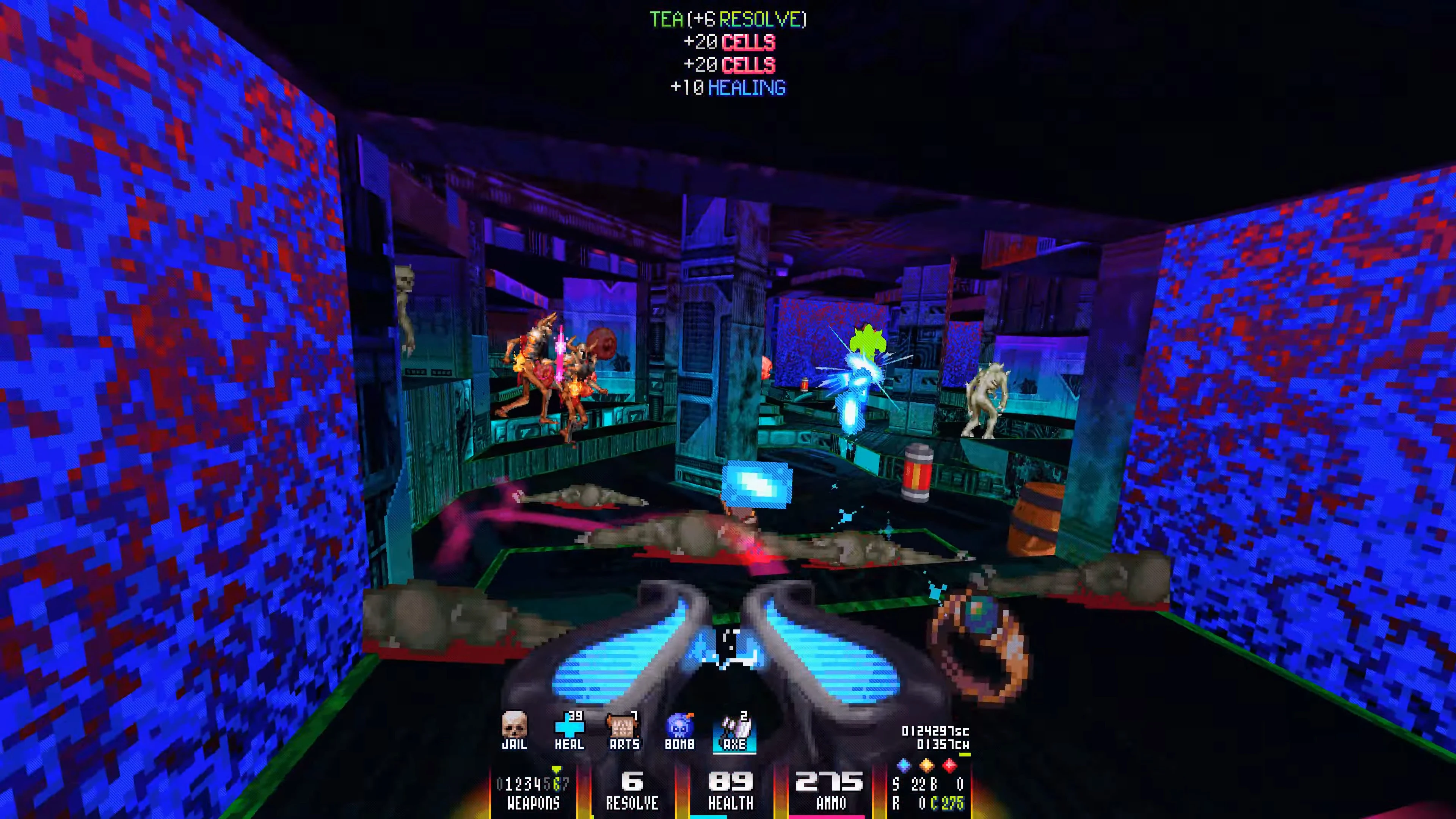First-person view of a chaotic battle against monsters in a neon blue and red pixelated Doom II End Of Starchild mod level
