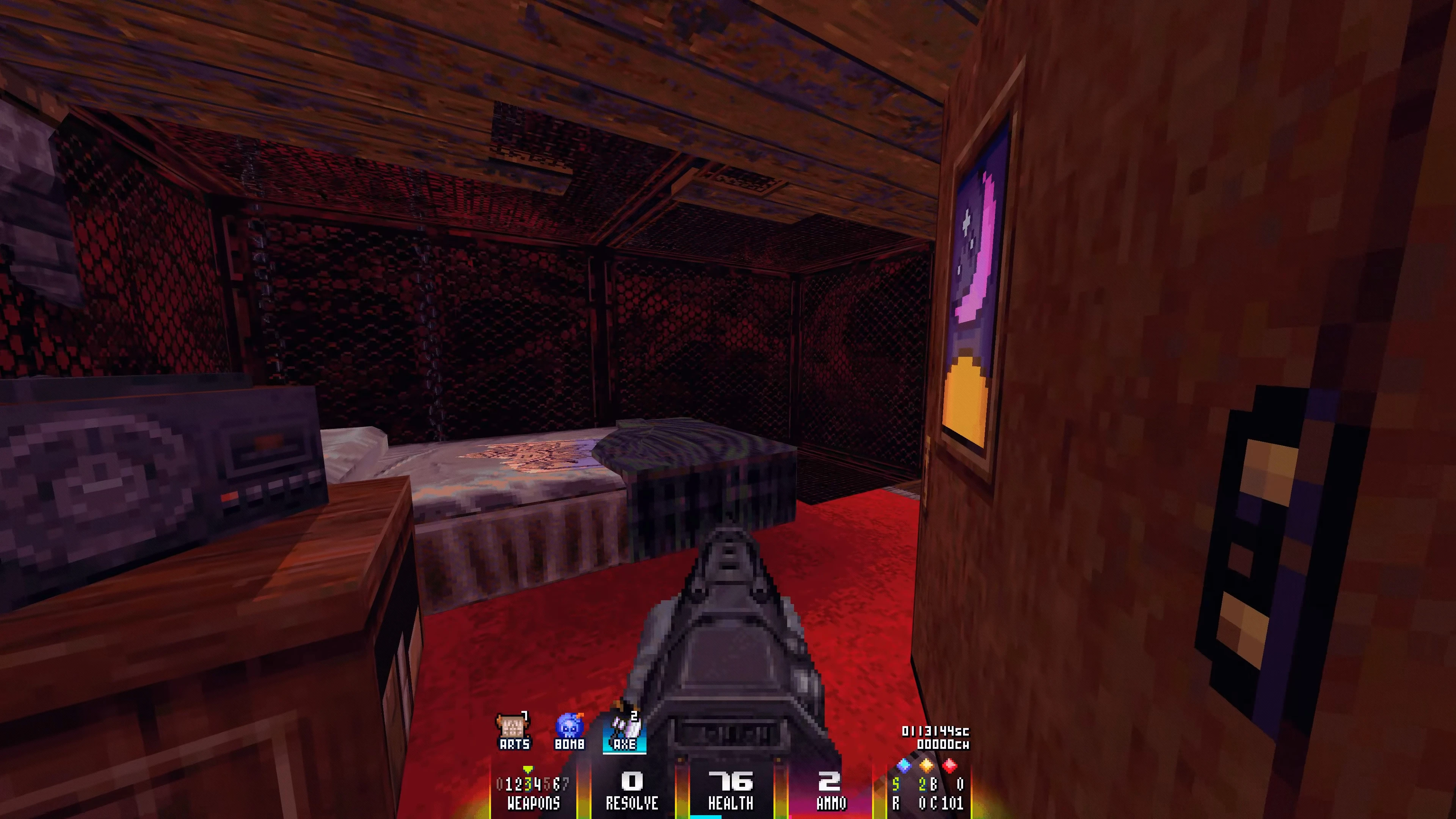 In-game screenshot showing a dark red, enclosed room with a bed, radio, and pixel art poster in Doom II mod