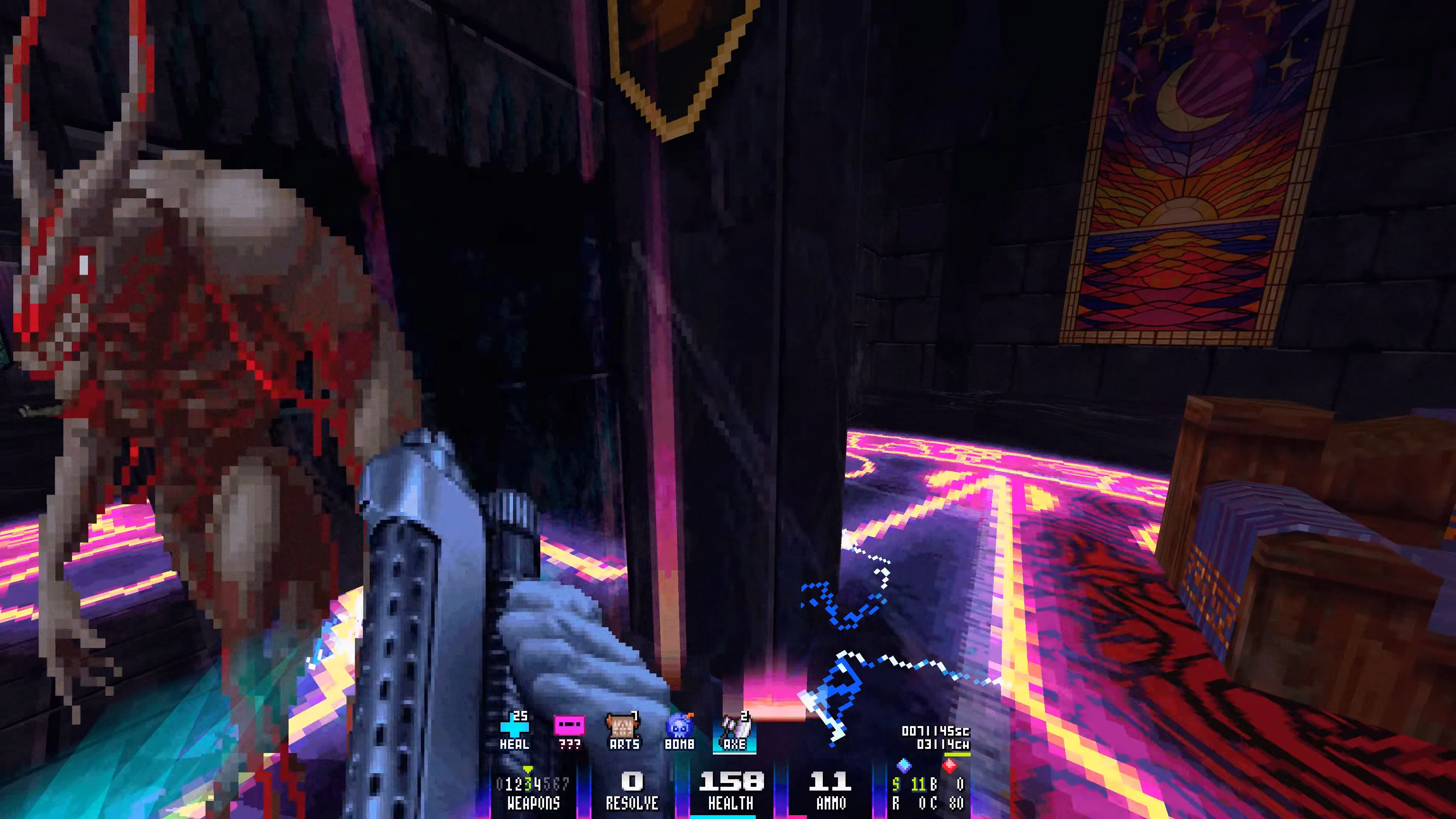 Player aiming a gun at a pixelated demon inside a dark room with colorful magical floor in Doom II End Of Starchild mod