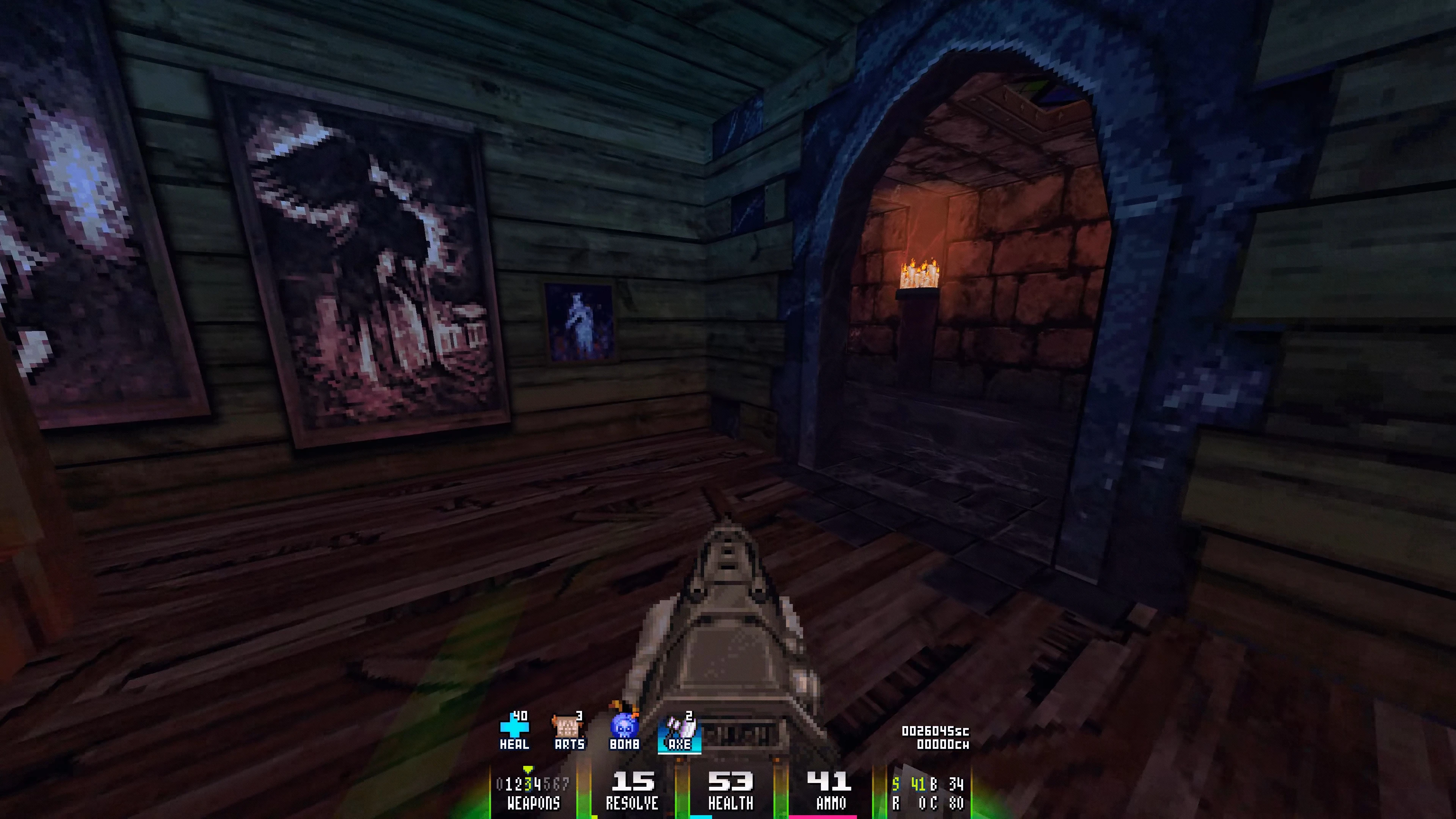 First person view inside wooden room with pixel art paintings and a stone archway with lit candles inside