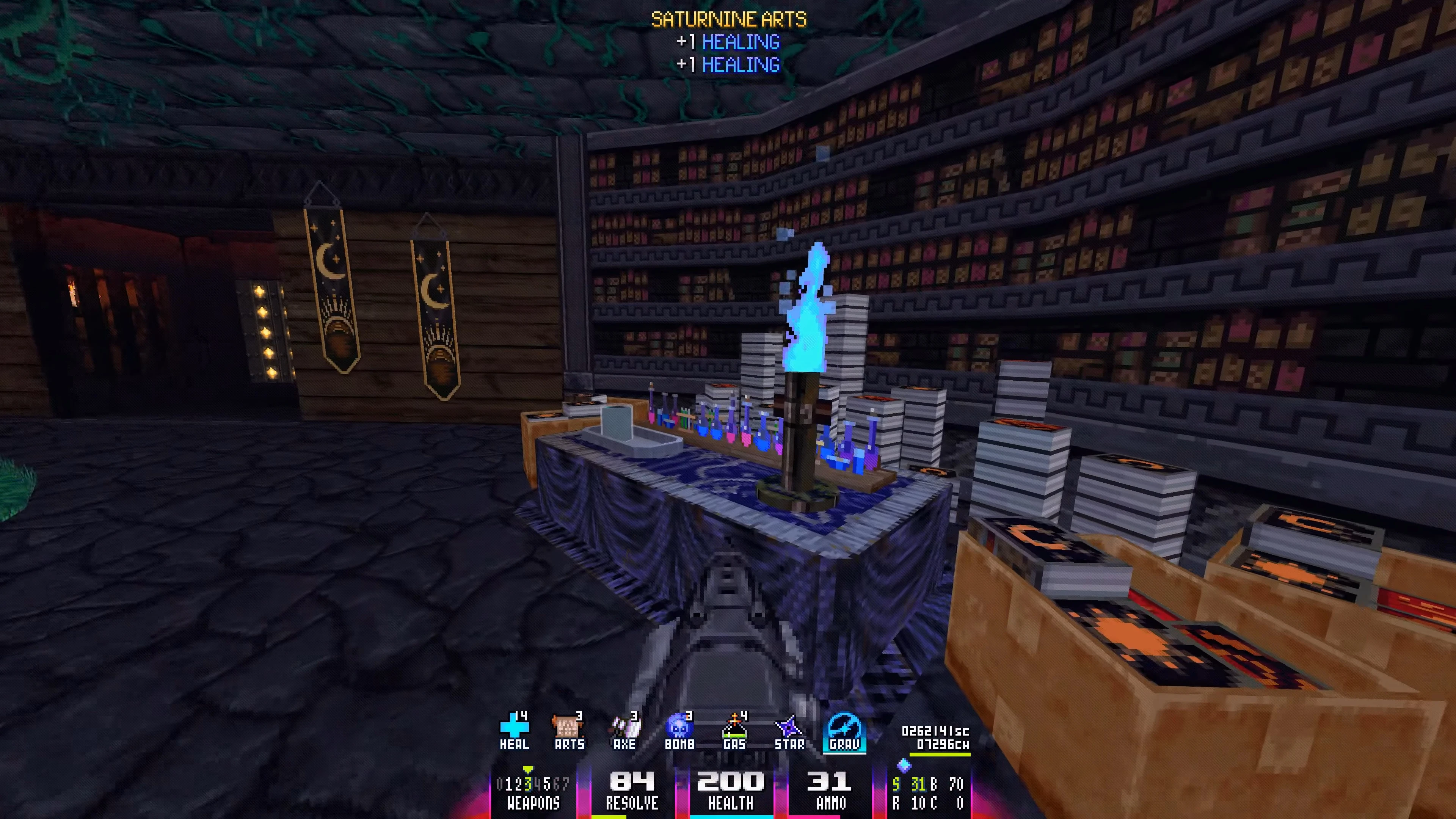 In-game screenshot showing a dark library with shelves full of books, mystical blue torch, and healing bonuses from End Of Starchild mod