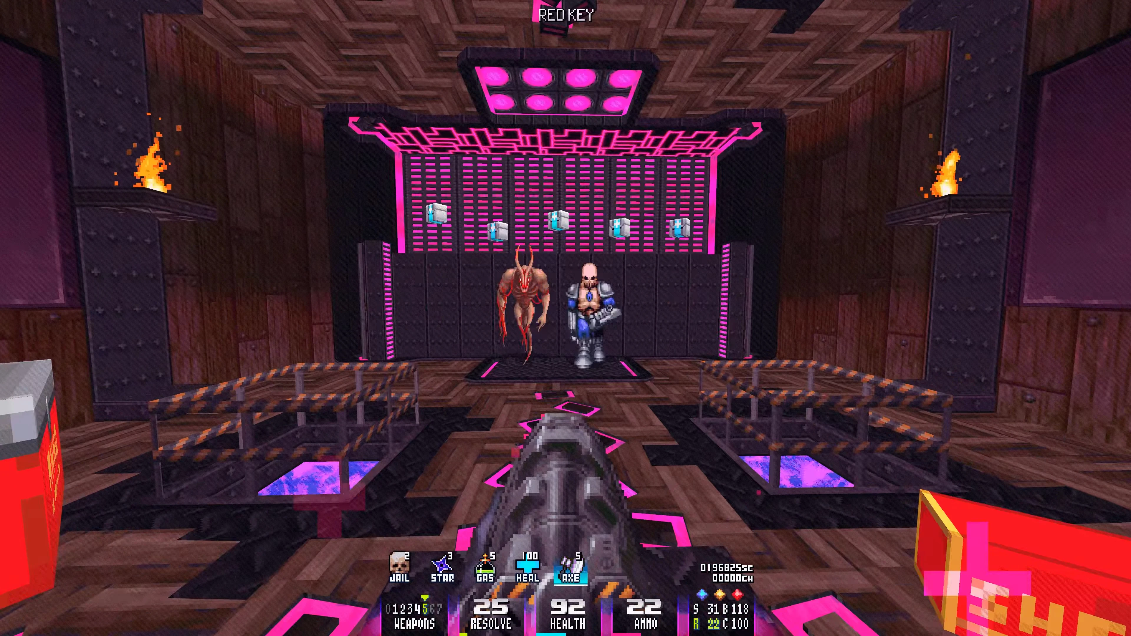 First-person view of Doom II mod End Of Starchild boss fight room with glowing red key and player weapons