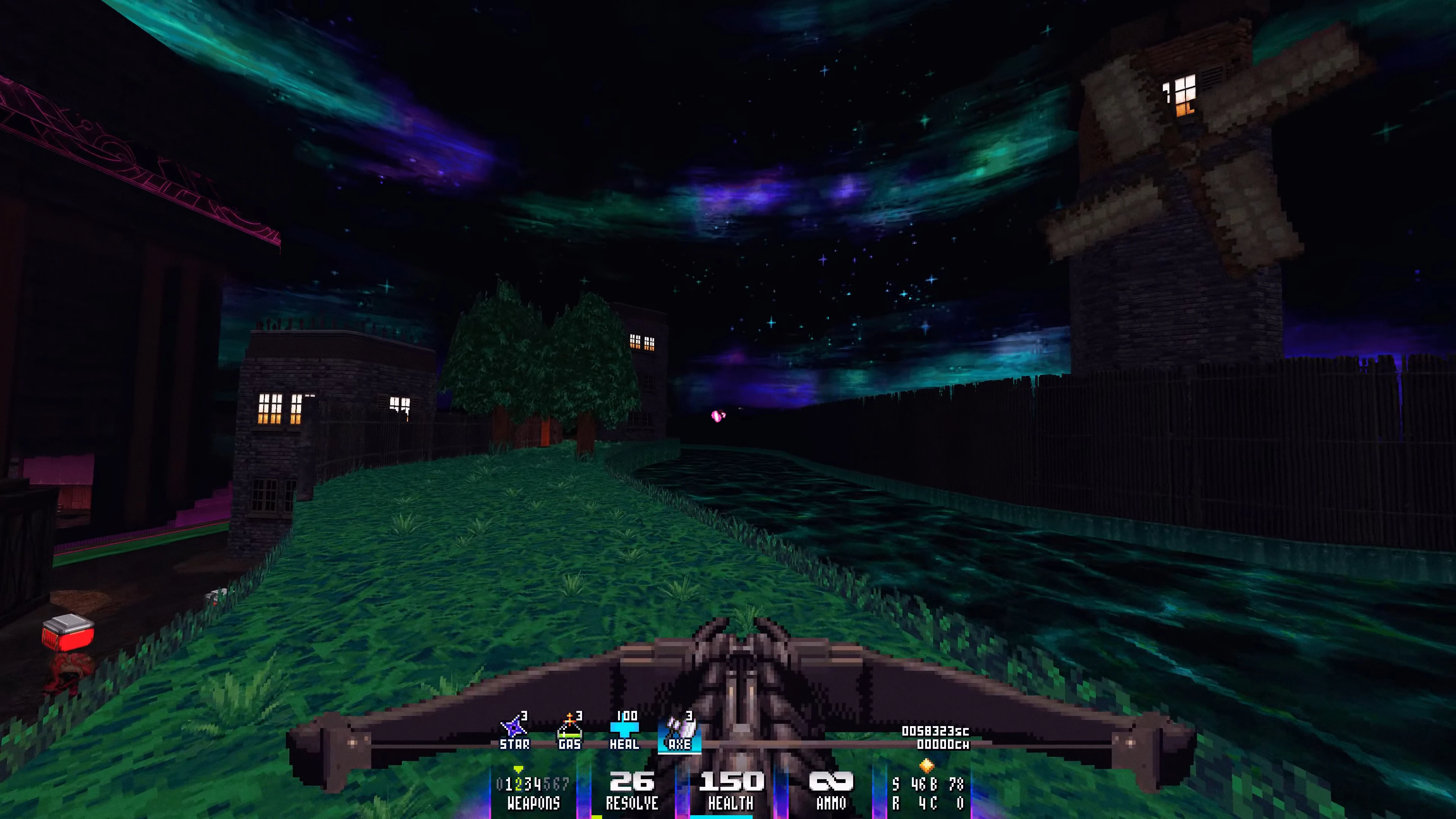 Player aims a crossbow down a river with trees and pixelated buildings under a vibrant starry night sky
