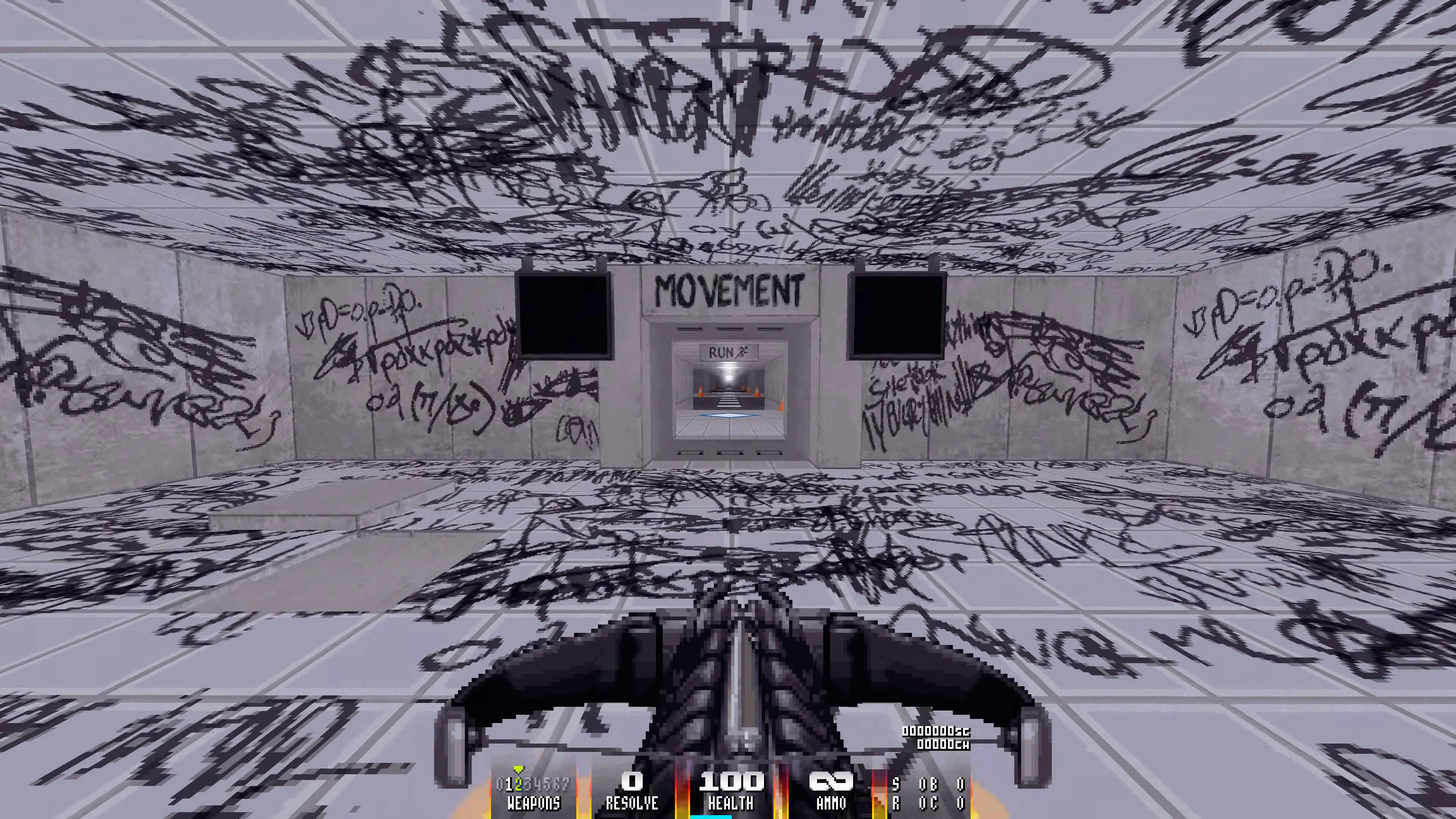 In Doom II mod End Of Starchild, a hallway covered in black scribbles on walls, ceiling, and floor with Movement sign above an entrance
