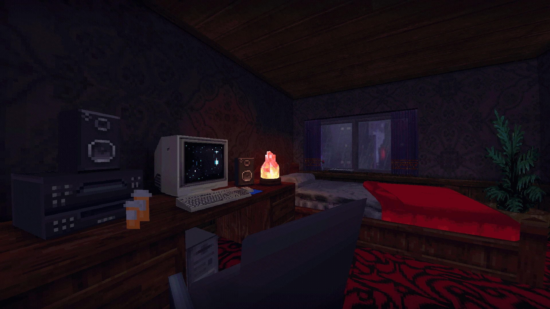 Pixelated room showing a retro computer, speakers, lamp, and a bed with window in Doom II mod