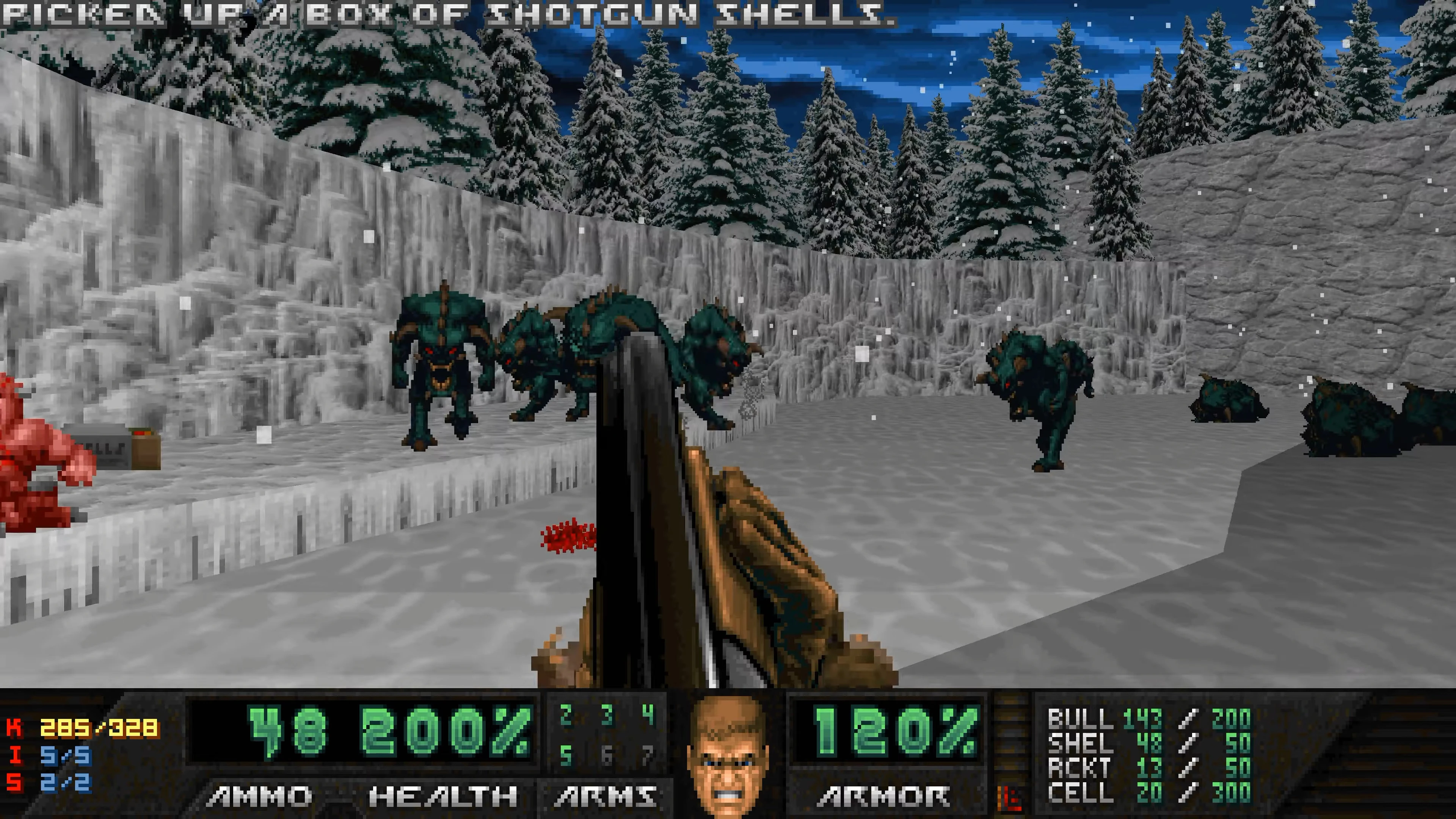 Captura de Doom II con mod Eviternity II mostrando al jugador enfrentando varios enemigos en paisaje nevado con escopeta