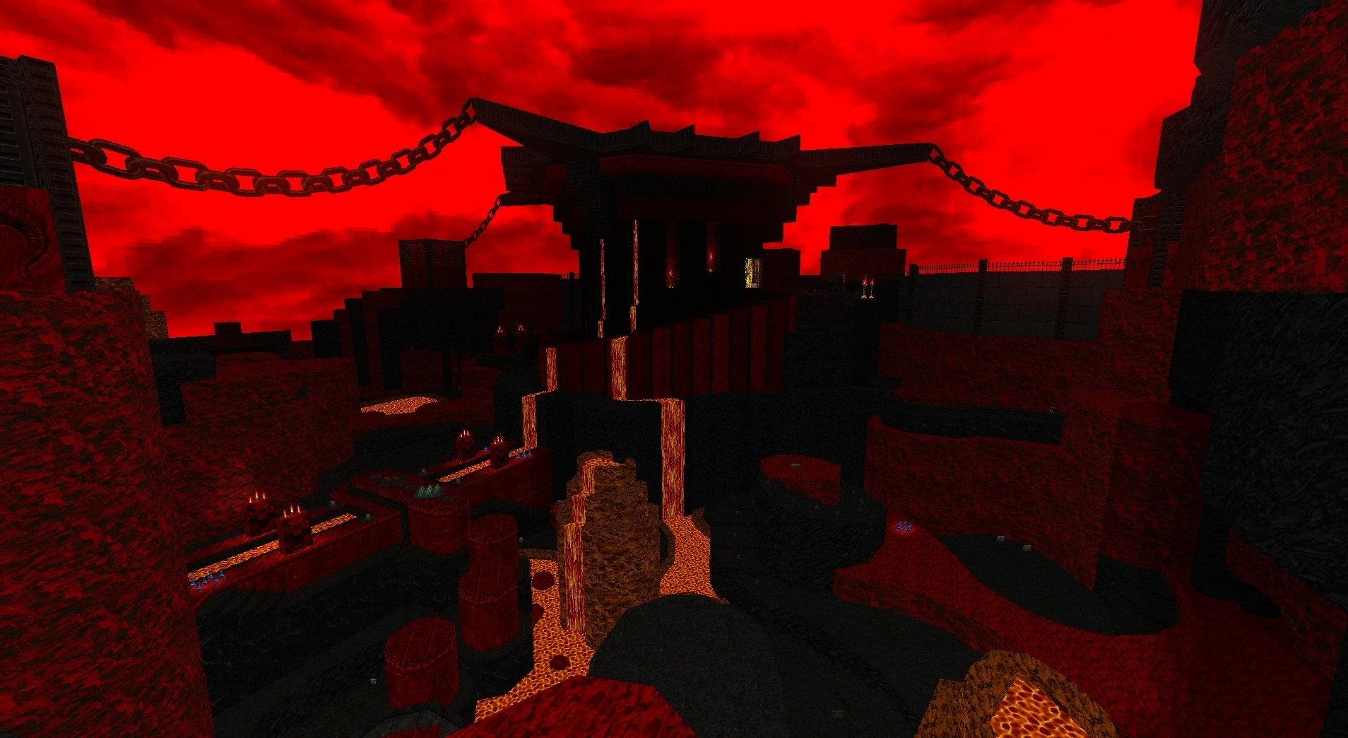 Nivel del mod Eviternity de Doom II con fortaleza oscura, cadenas y lava bajo un cielo rojo