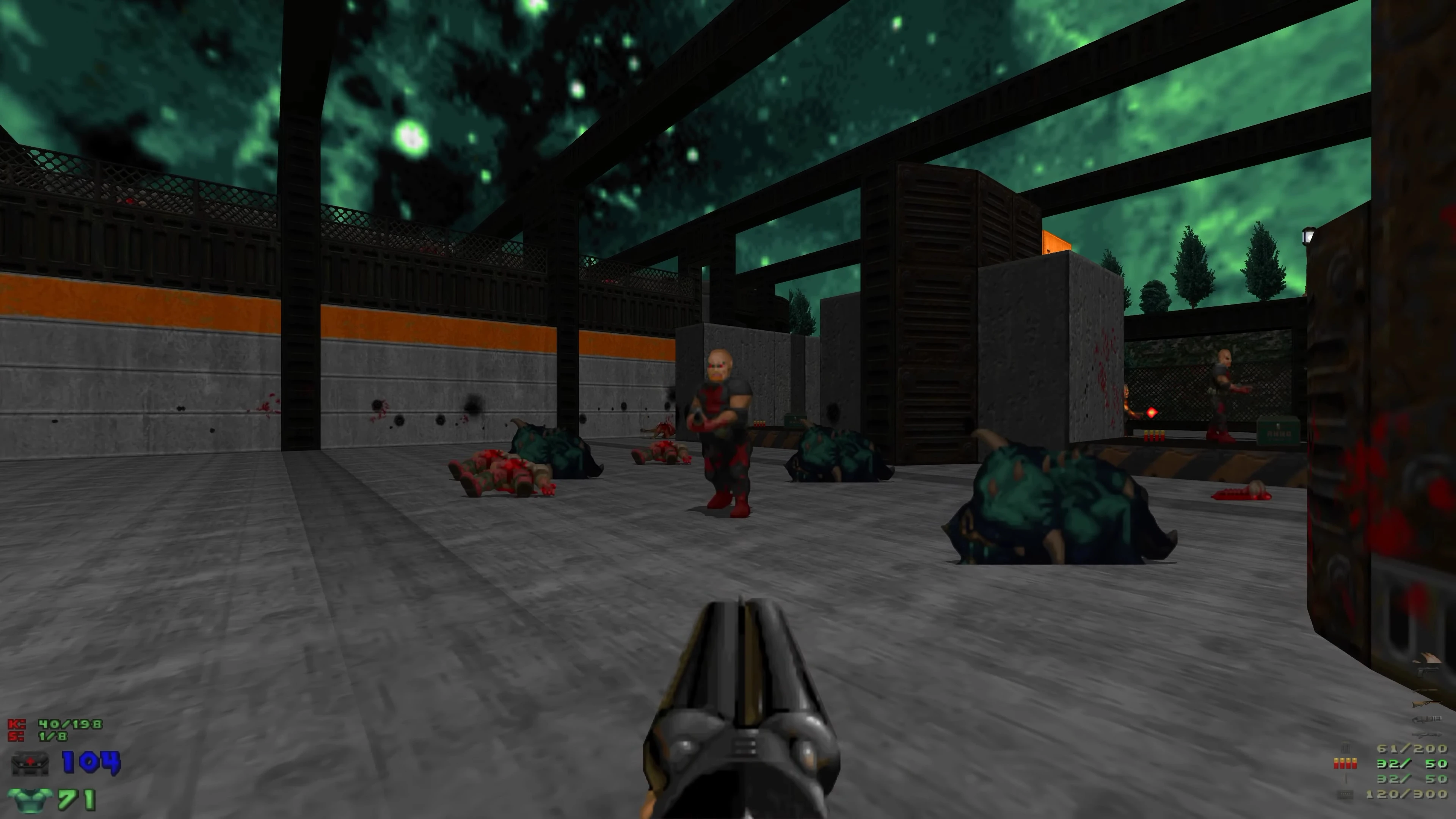 Vista en primera persona con escopeta apuntando a enemigos en una arena futurista con cielo estrellado verde en el mod Doom II Eviternity