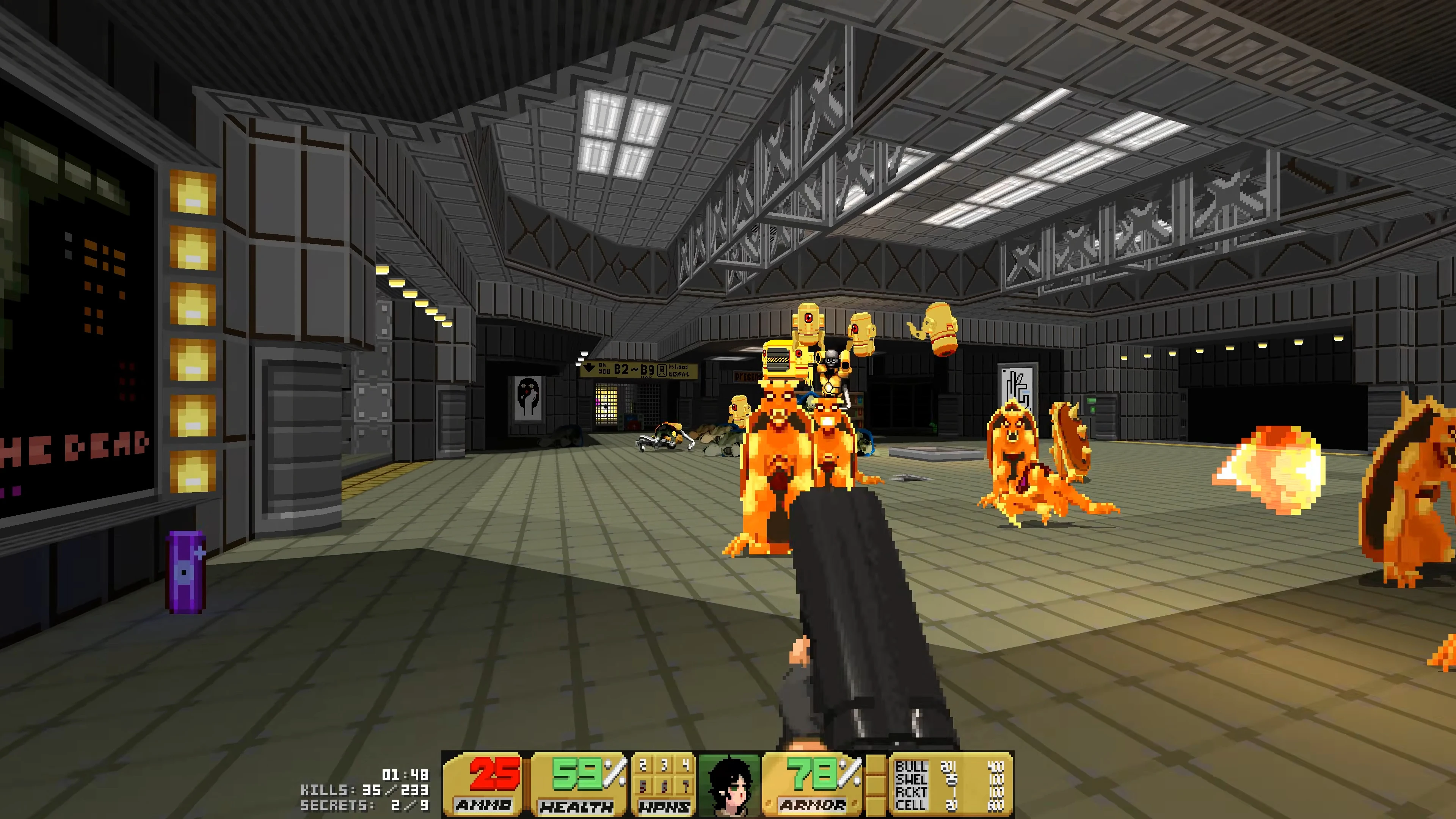 Вид от первого лица в моде Doom II с боем в научно-фантастическом интерьере и демонами в пиксельном стиле