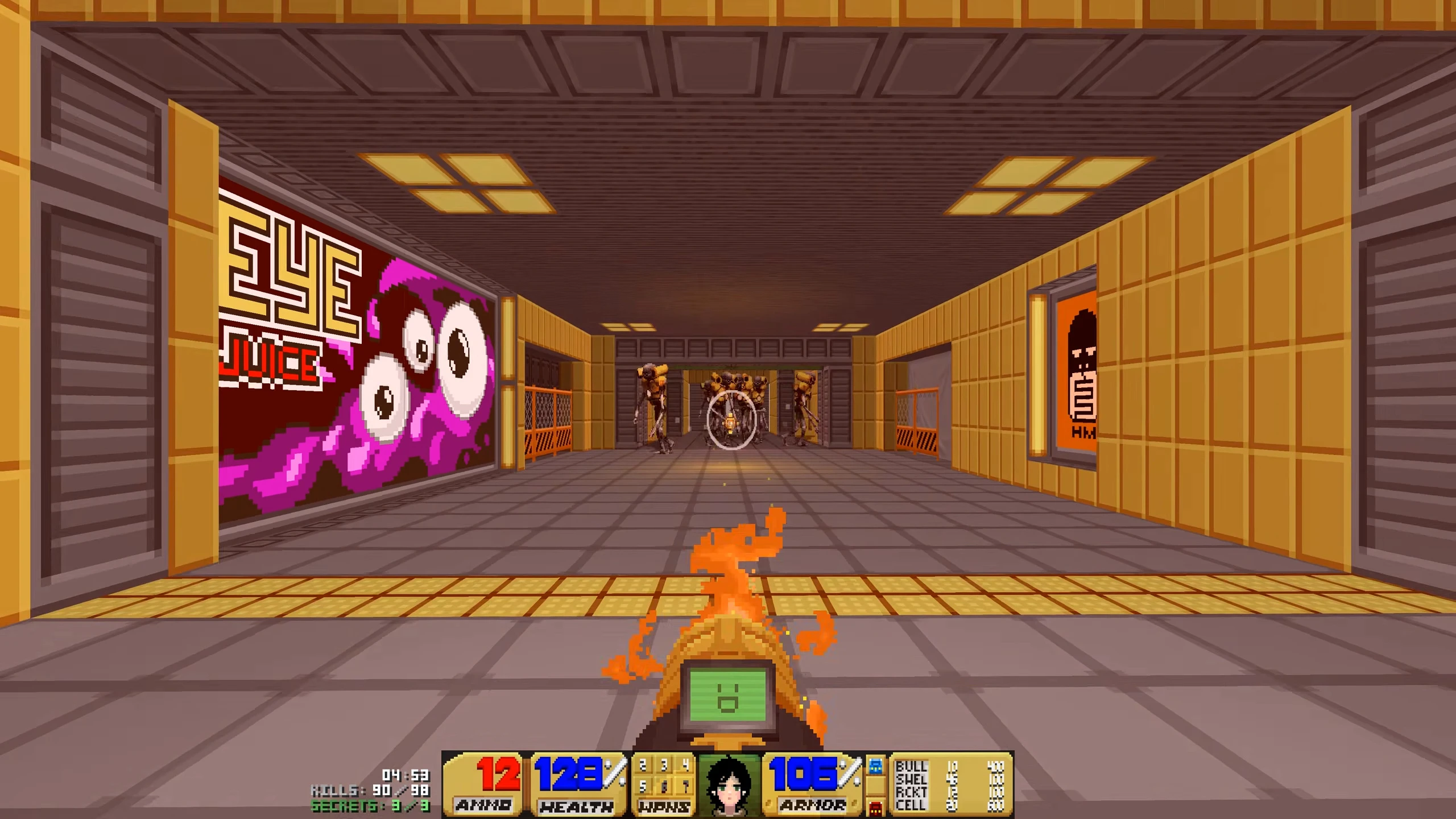 Вид от первого лица в моде Doom II Eye Juice с светящимся энергетическим оружием и врагами в желтом техкоридоре