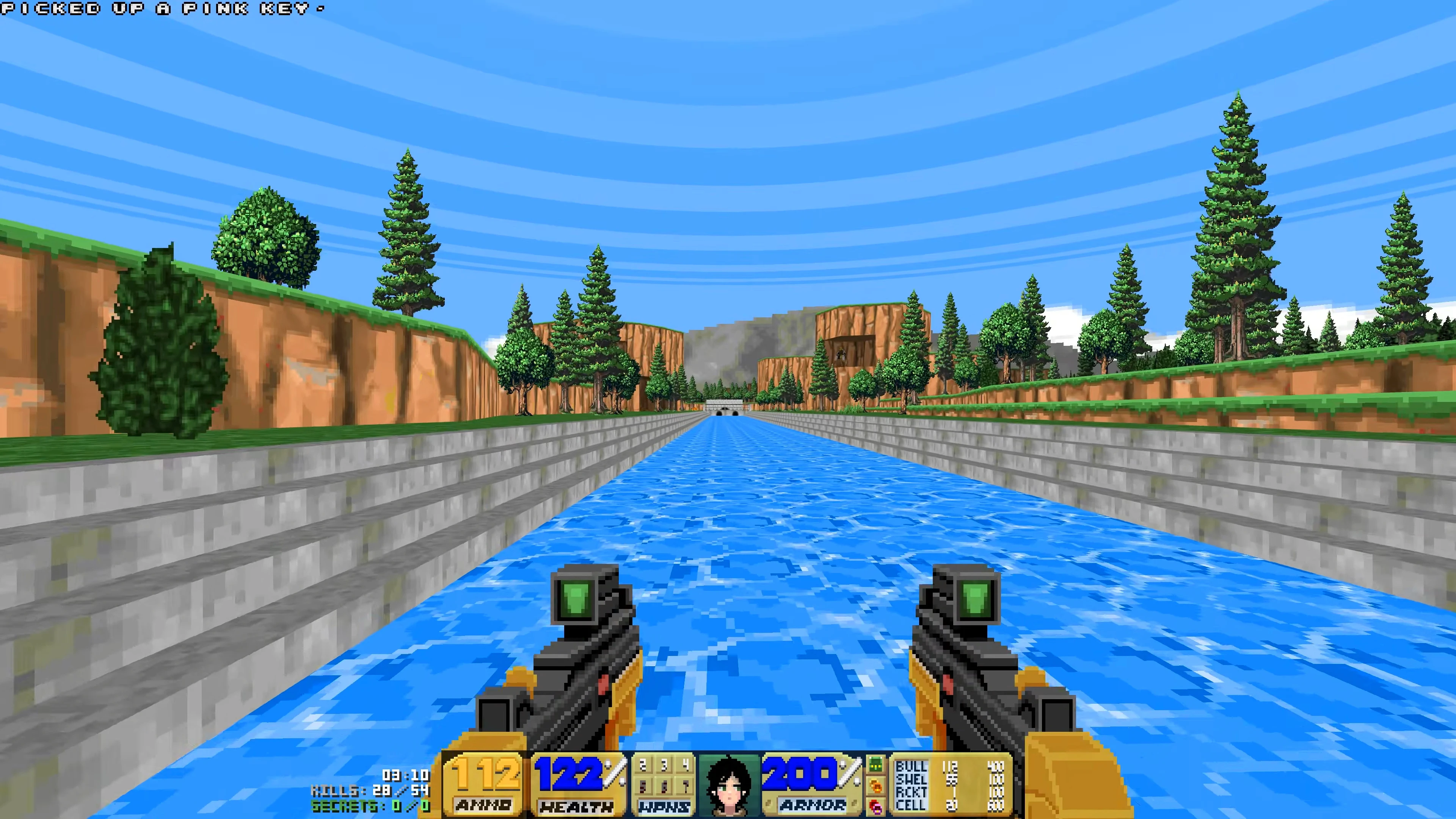 Скриншот игрового процесса мода Eye Juice для Doom II с видом сквозь оружие на яркий голубой водный канал и окружение с деревьями и утесами