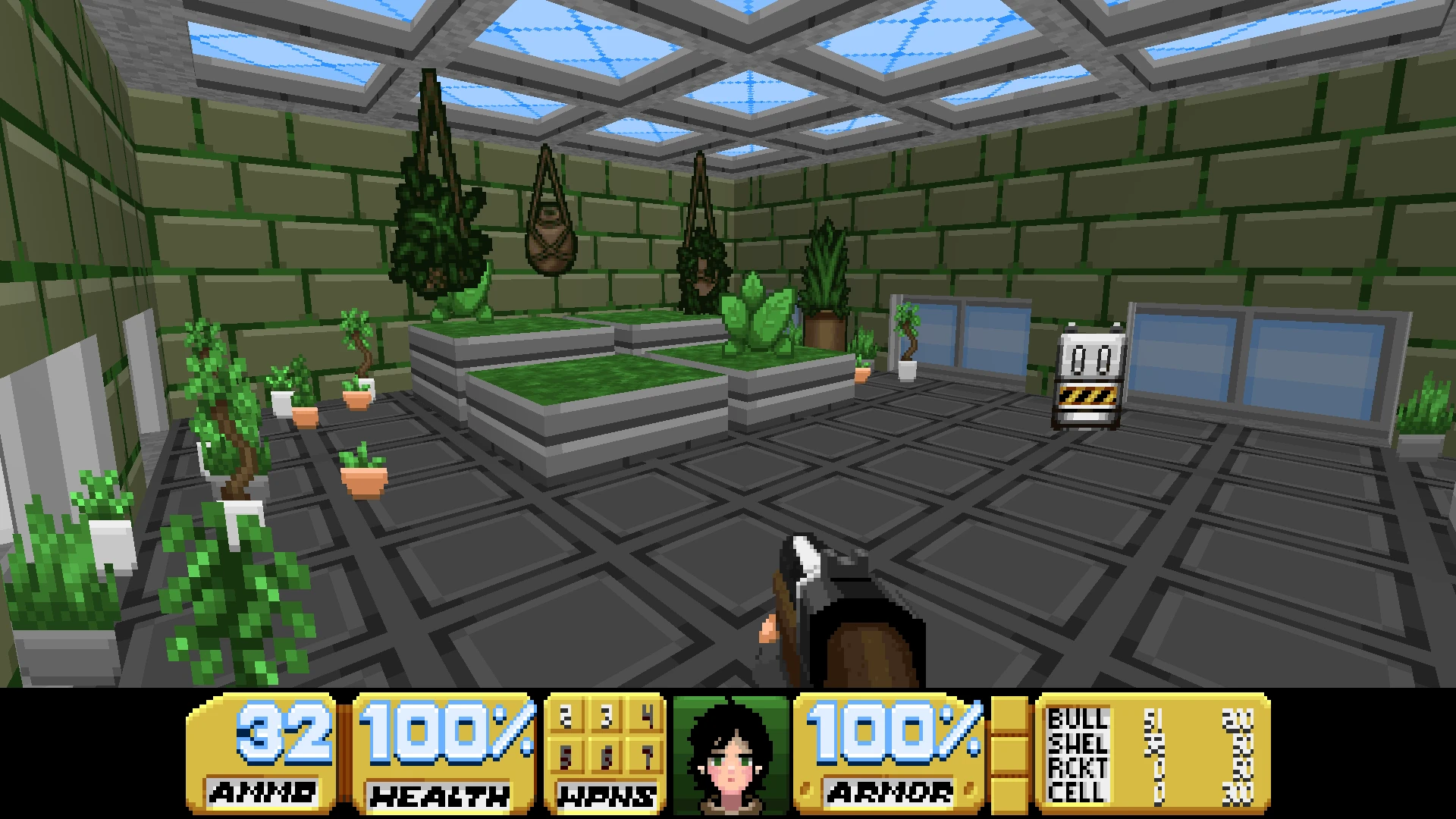 Скриншот из Doom II с модом Eye Juice: зеленая комната с растениями и пиксельным HUD