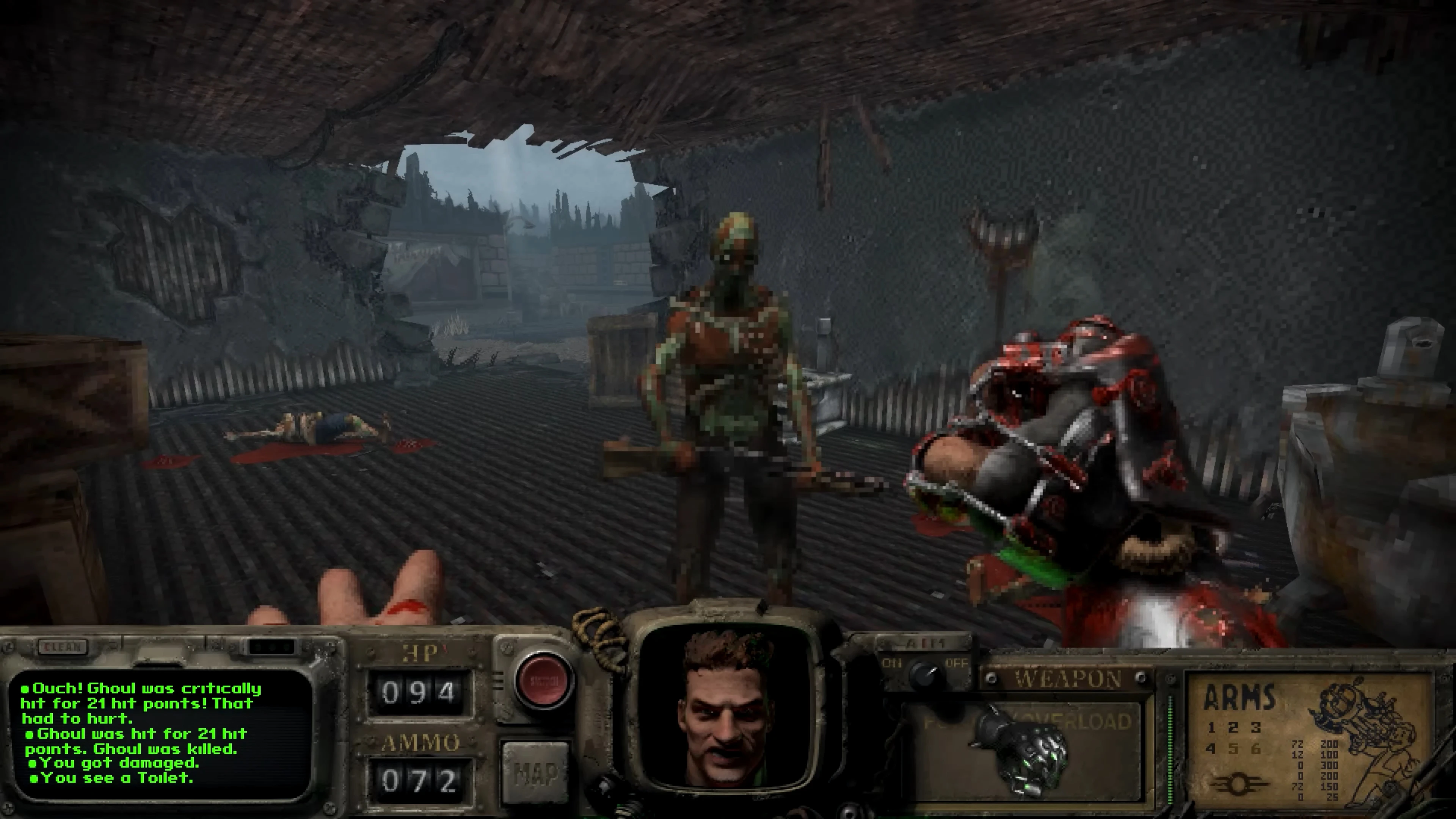 In-game screenshot of Fallout: Bakersfield Doom II mod showing player fighting a ghoul inside a damaged structure