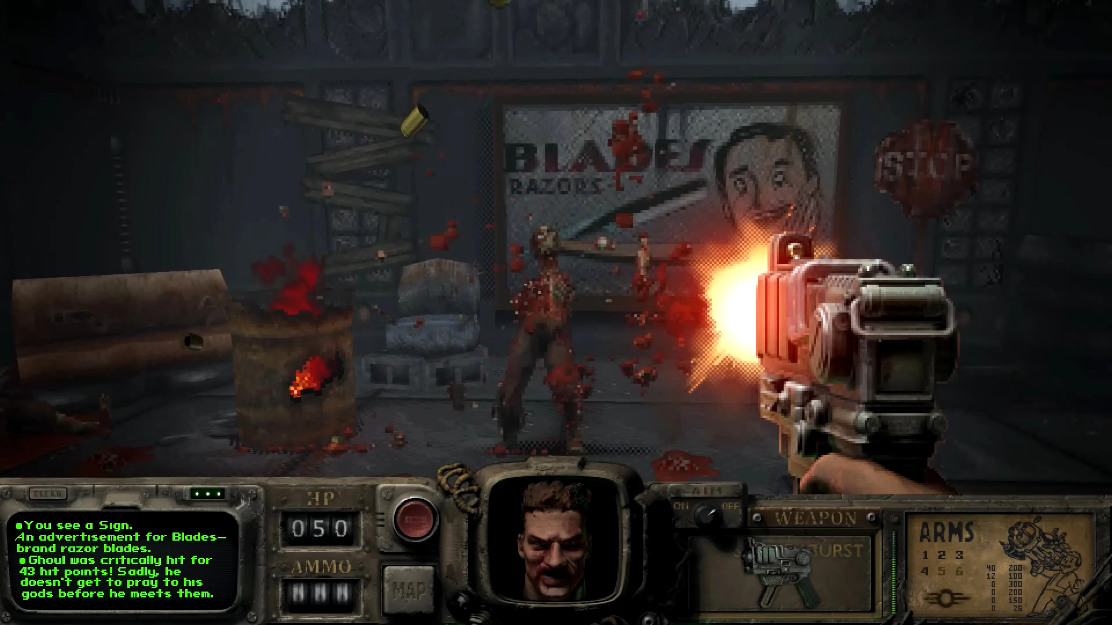 Player shooting a zombie character causing blood splatter in a dark post-apocalyptic room