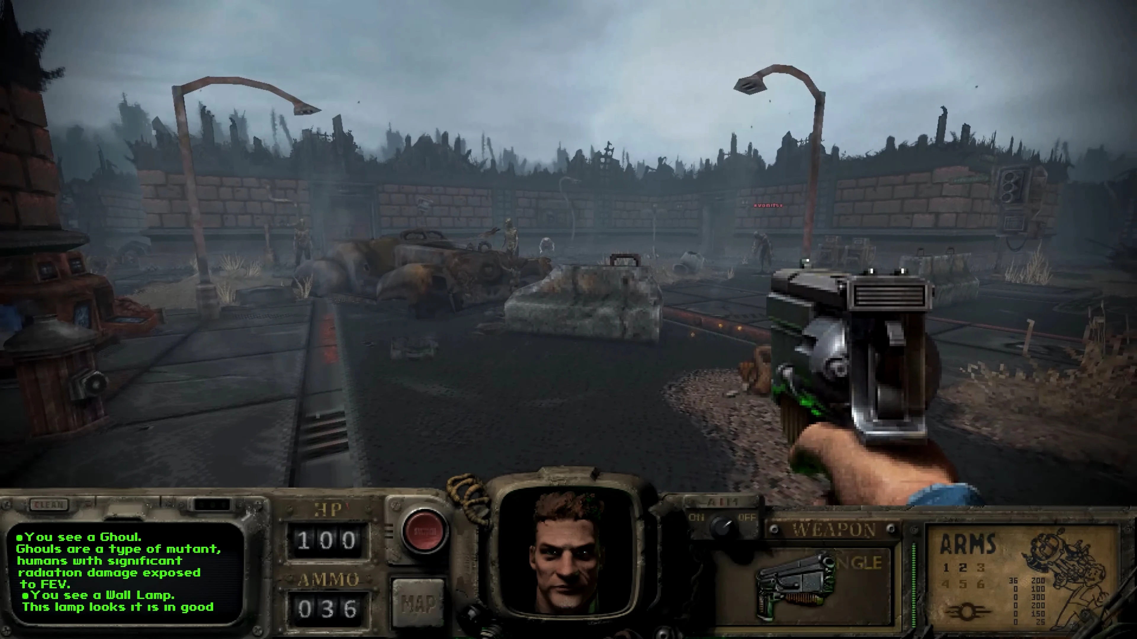 First-person view showing a character holding a futuristic pistol amid ruined cars and mutant ghouls in Fallout Bakersfield mod