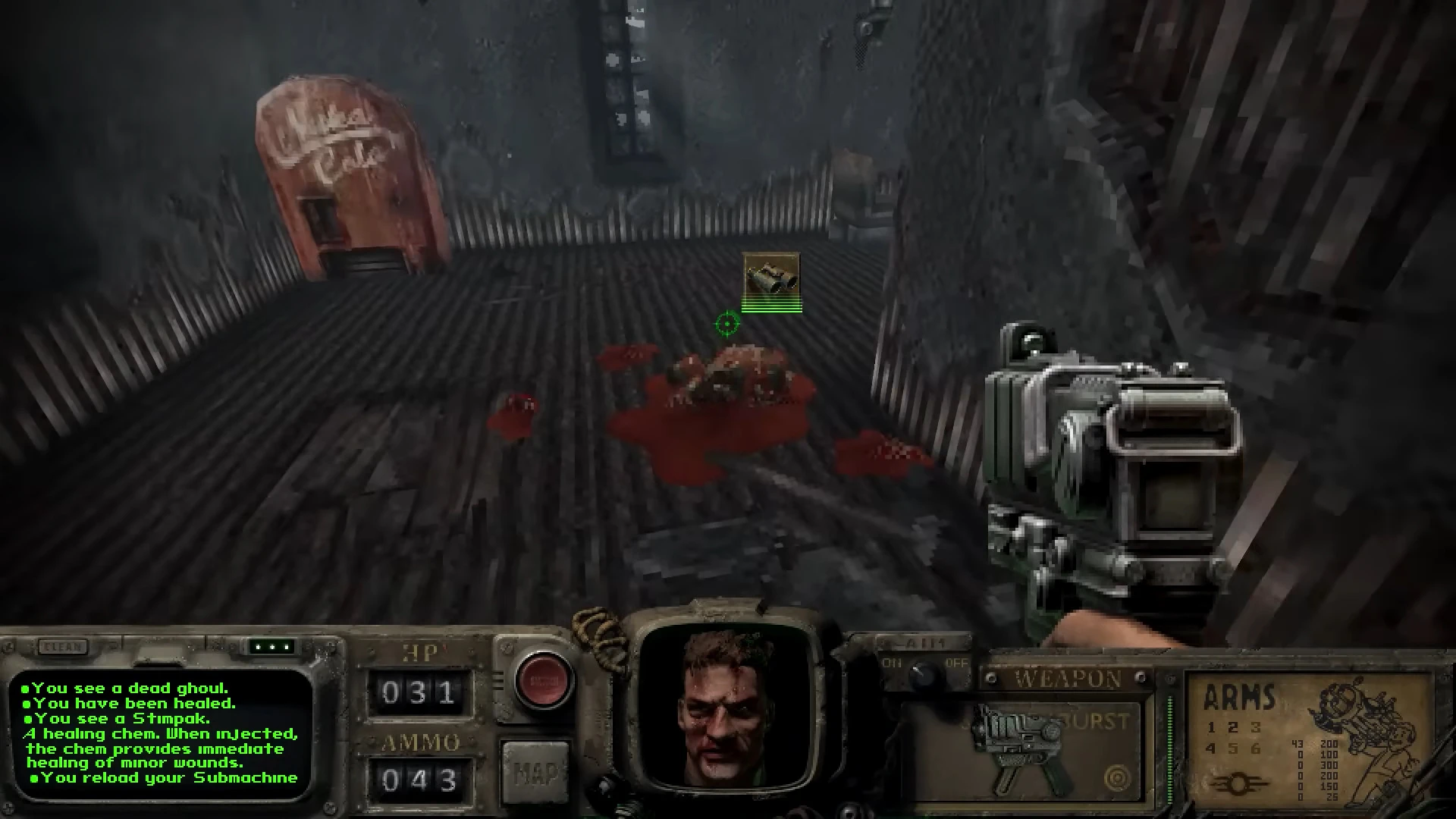 First-person view of player holding a gun in a dark room with dead ghoul and healing pack on the floor in Fallout Bakersfield mod