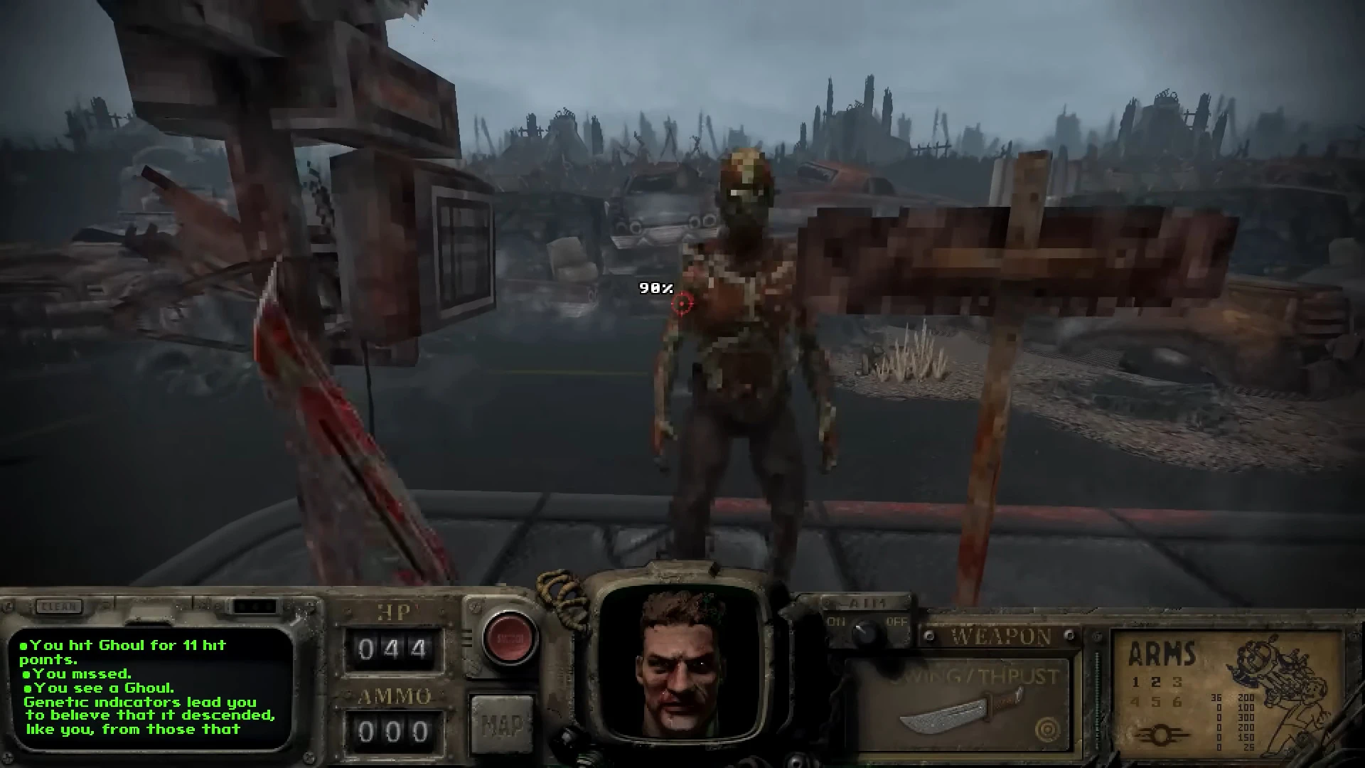 First-person view of player facing a ghoul enemy in foggy post-apocalyptic wasteland in Fallout Bakersfield mod