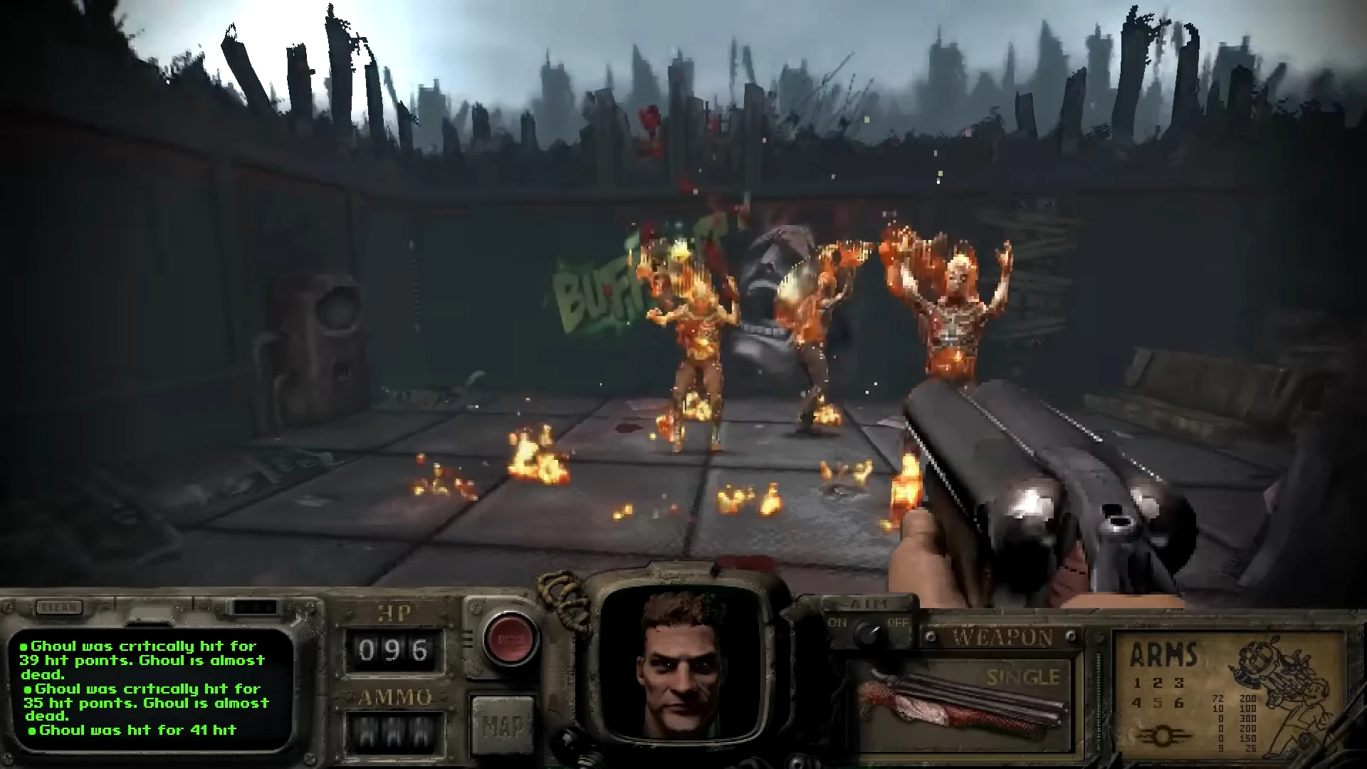 First-person view of a double-barreled shotgun firing at burning ghouls in a dark, ruined environment in Fallout Bakersfield mod