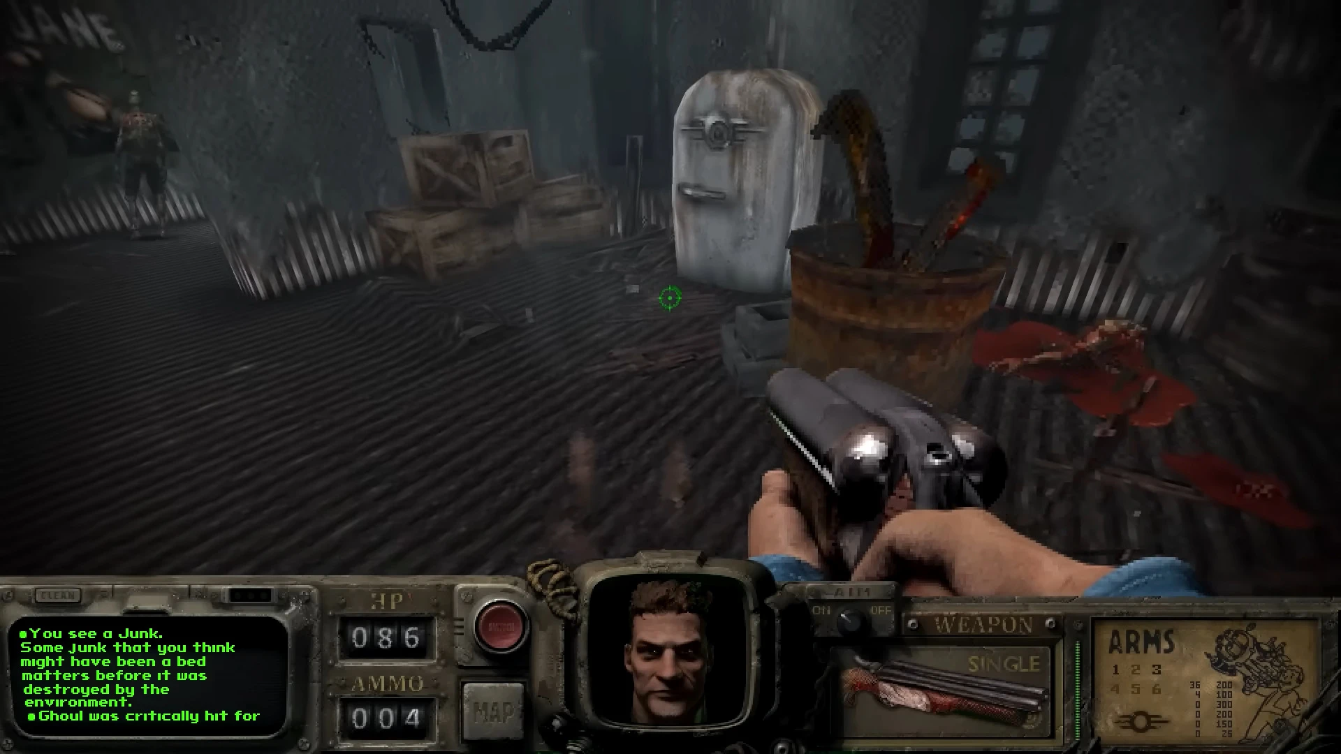 First-person view in Fallout Bakersfield mod with shotgun aimed at zombie ghoul inside a dimly lit room
