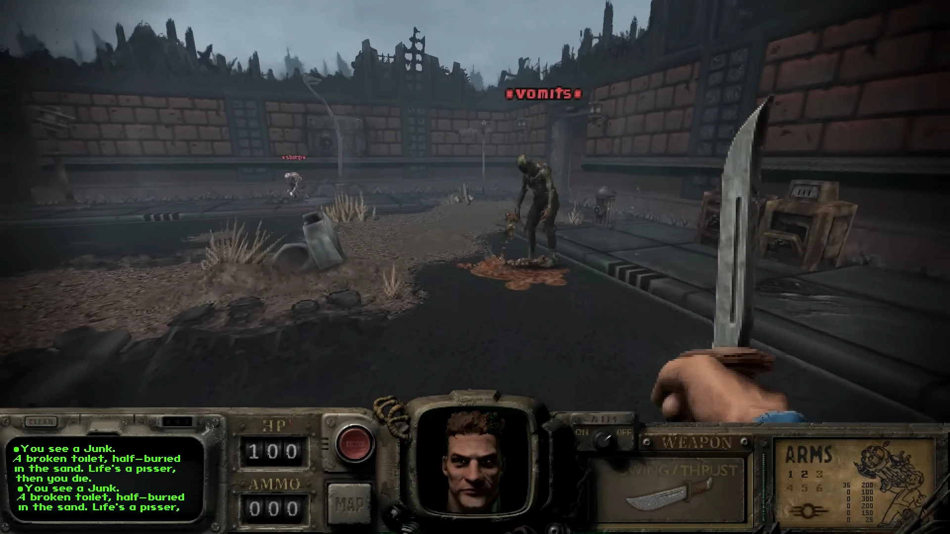First-person view with a knife ready, hostile creatures labeled with red names in Fallout Bakersfield mod