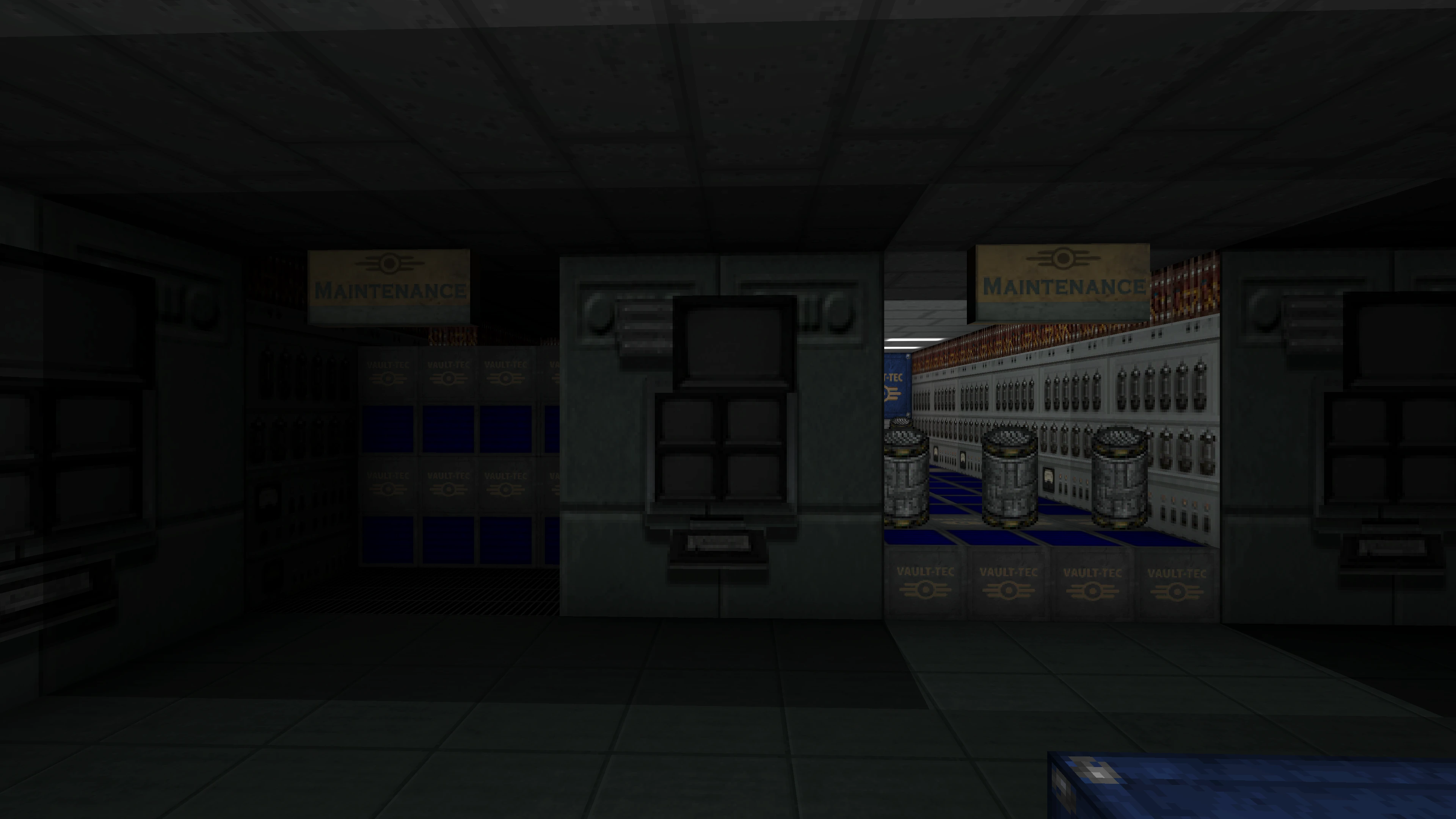 Темная комната обслуживания Vault-Tec с компьютерными панелями и ящиками в моде Fallout Vault 666