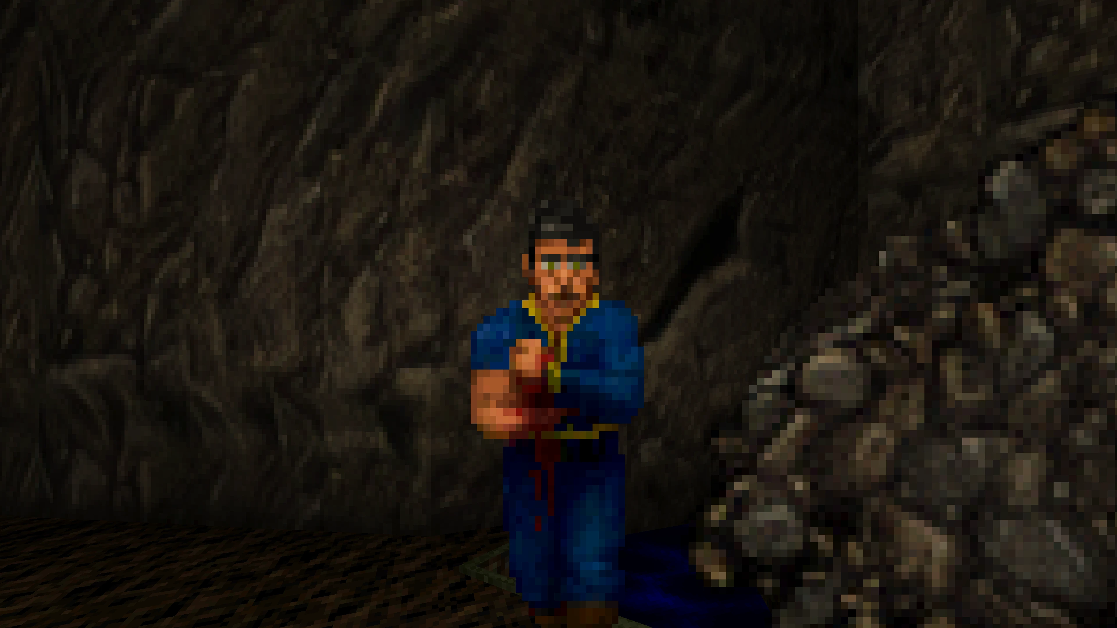 Пиксельный персонаж в синем костюме убежища с кровью в темной каменной пещере из мода Fallout: Vault 666 для Doom II