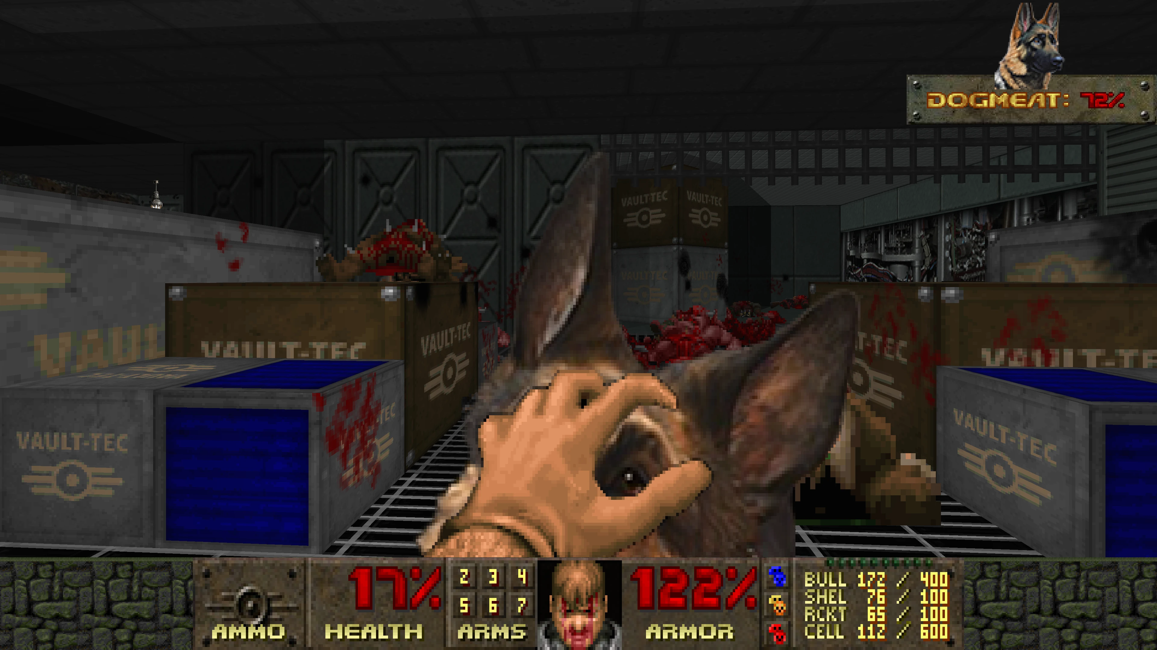 Вид от первого лица в моде Doom II Fallout Vault 666 с игроком, глажу щенка Dogmeat рядом с ящиками Vault-Tec