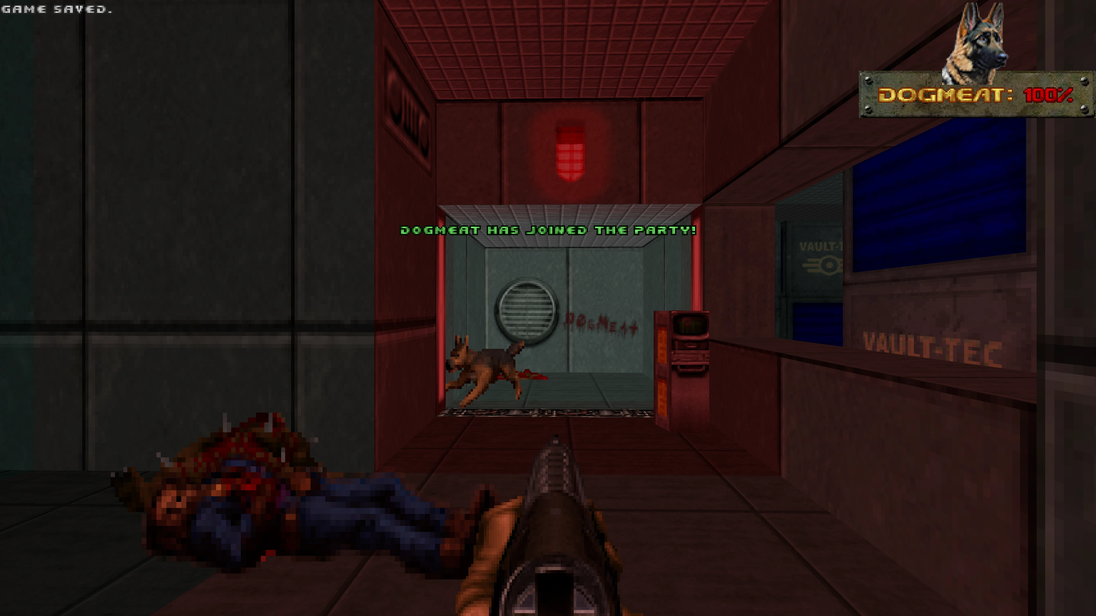 Вид от первого лица в Doom II, показывающий присоединение Dogmeat к команде в моде Vault 666