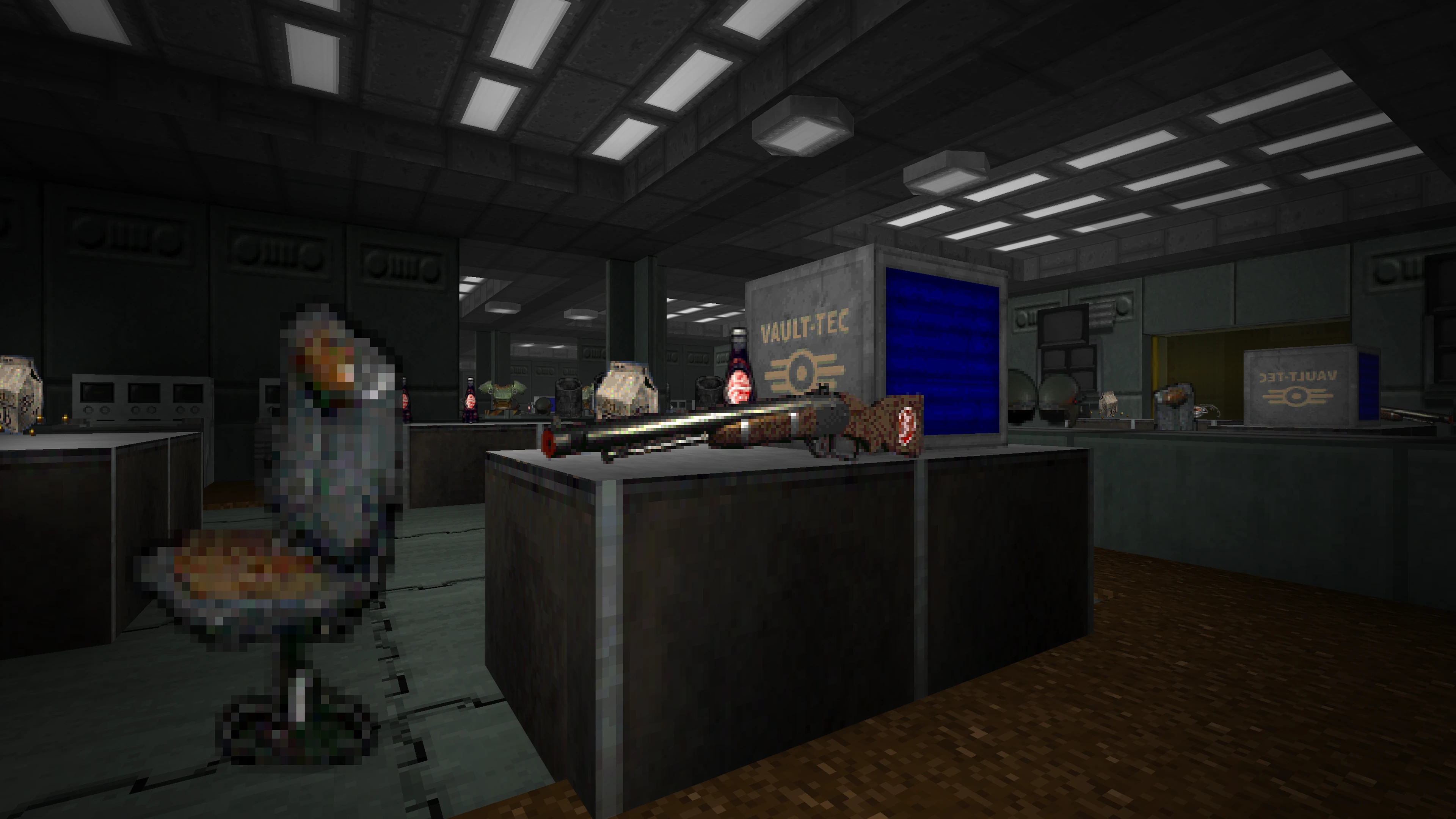 Пиксельный вид слабо освещенного помещения убежища Fallout с дробовиком на металлическом столе и знаками Vault-Tec