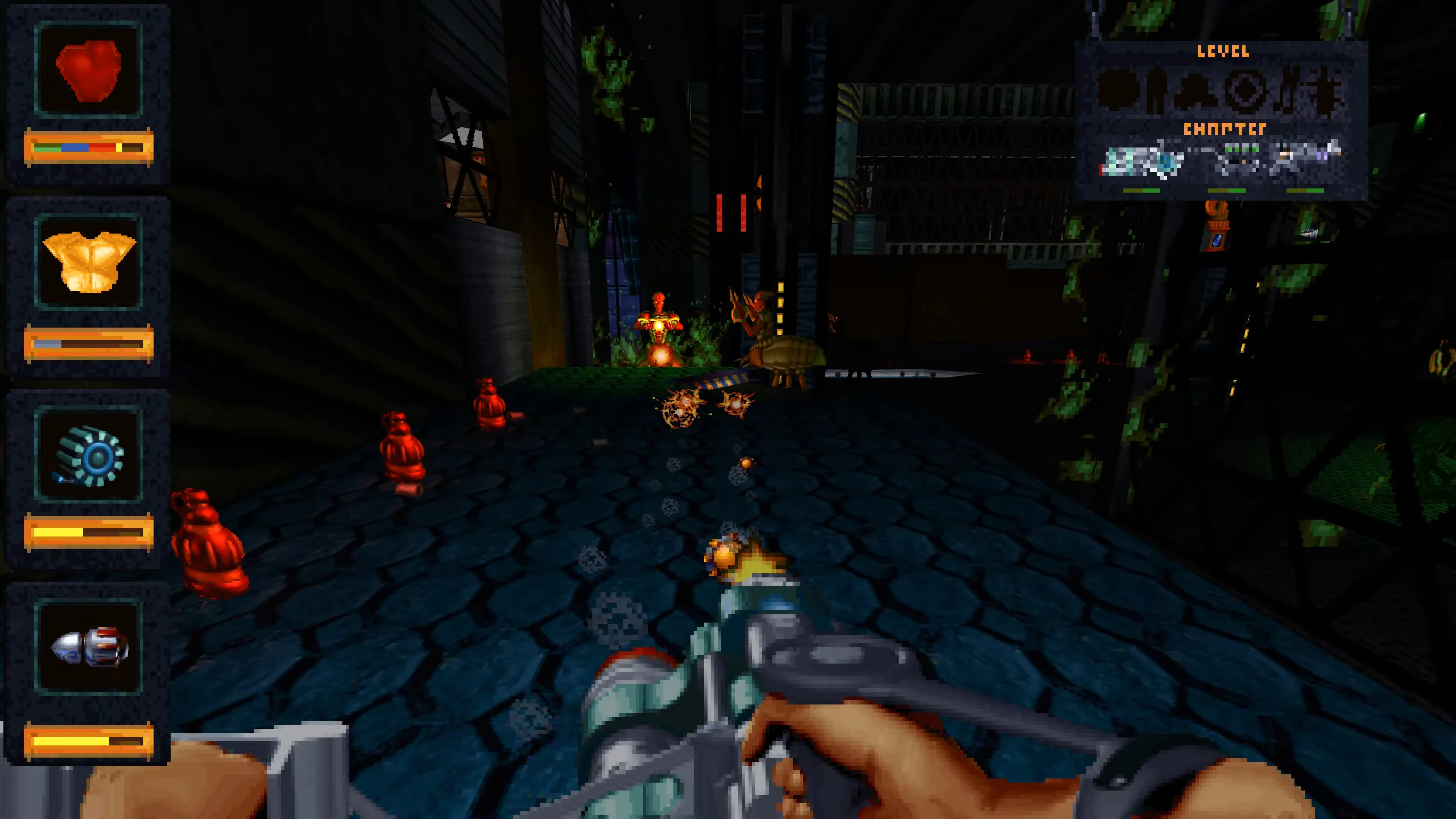 First-person shooter view with futuristic weapon firing at robotic enemies in dark industrial environment in Fate mod for Doom II