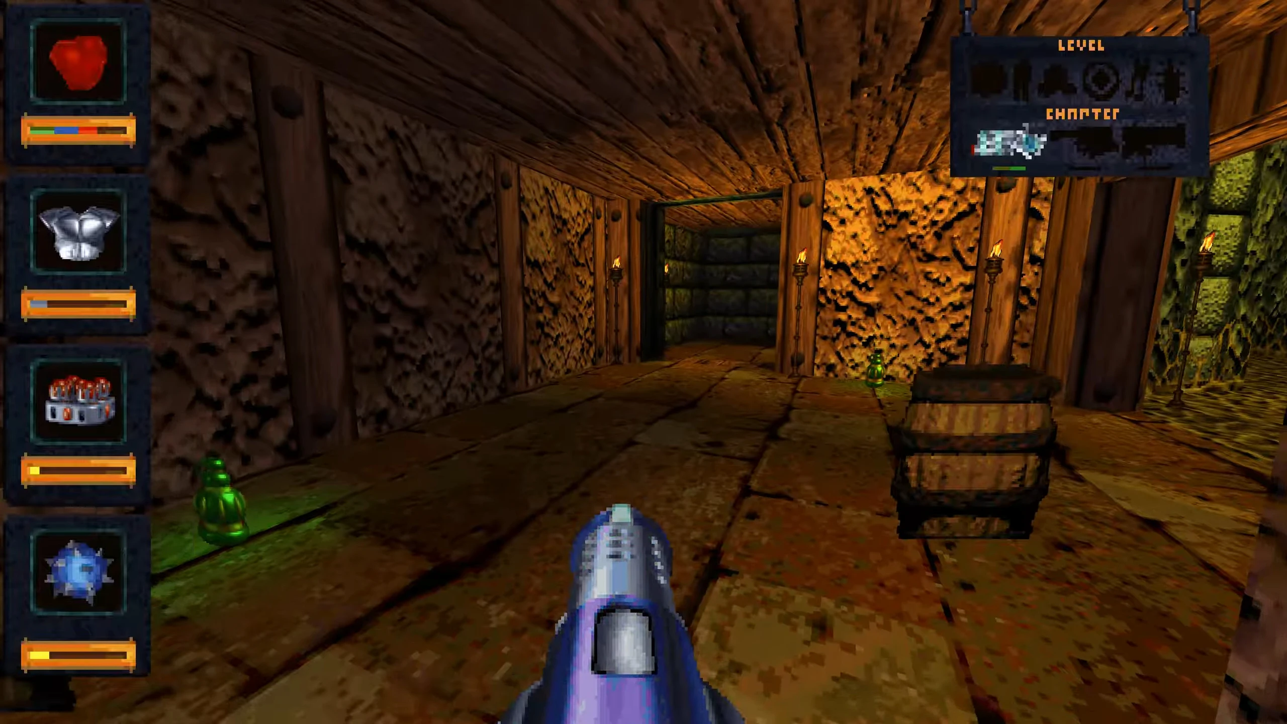 Screenshot of Fate mod for Doom II showing player holding weapon in a torch-lit medieval stone corridor
