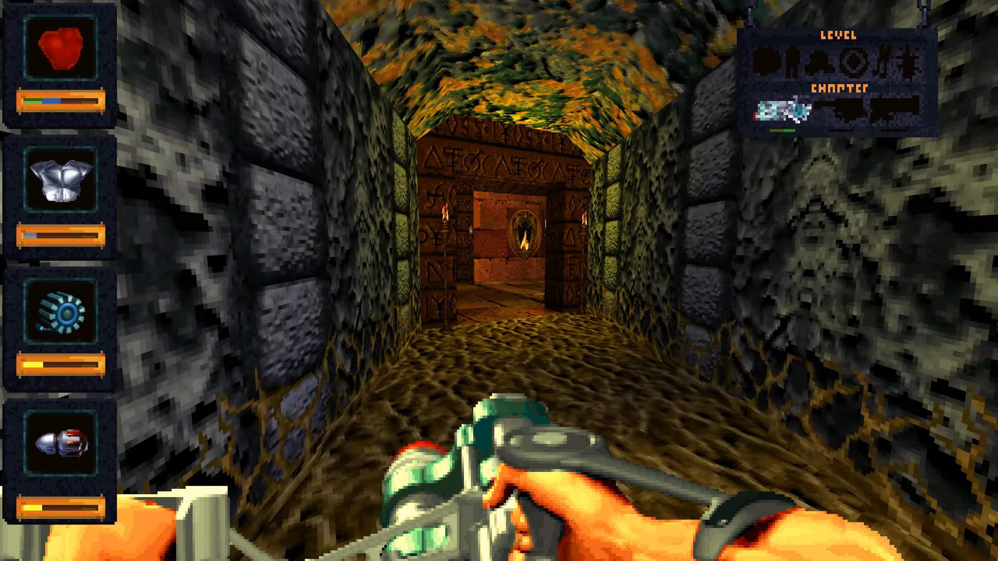 First-person view of a stone corridor with ancient runic walls and a futuristic weapon drawn in Fate mod for Doom II