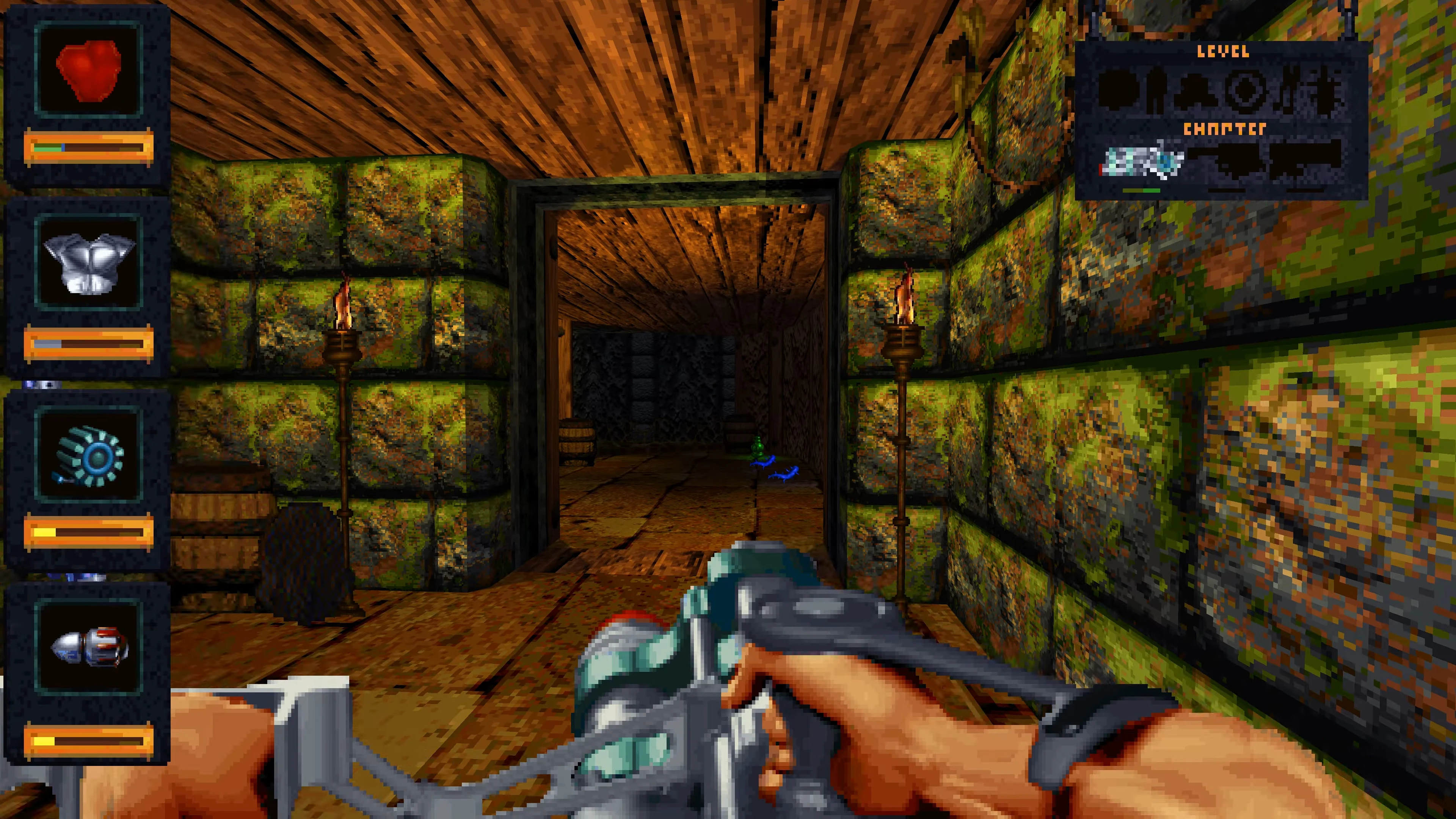 First-person view of player holding a futuristic gun in mossy stone dungeon corridor with torch sconces