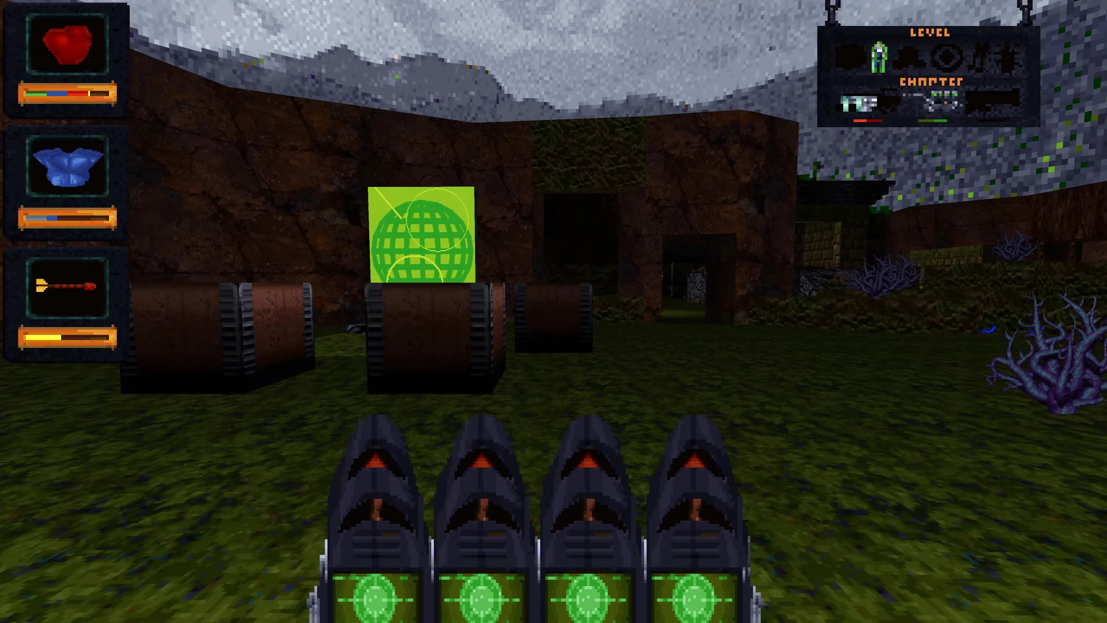 First-person view of a rocky outdoor area in Doom II with green patterned panels and four weapon indicators