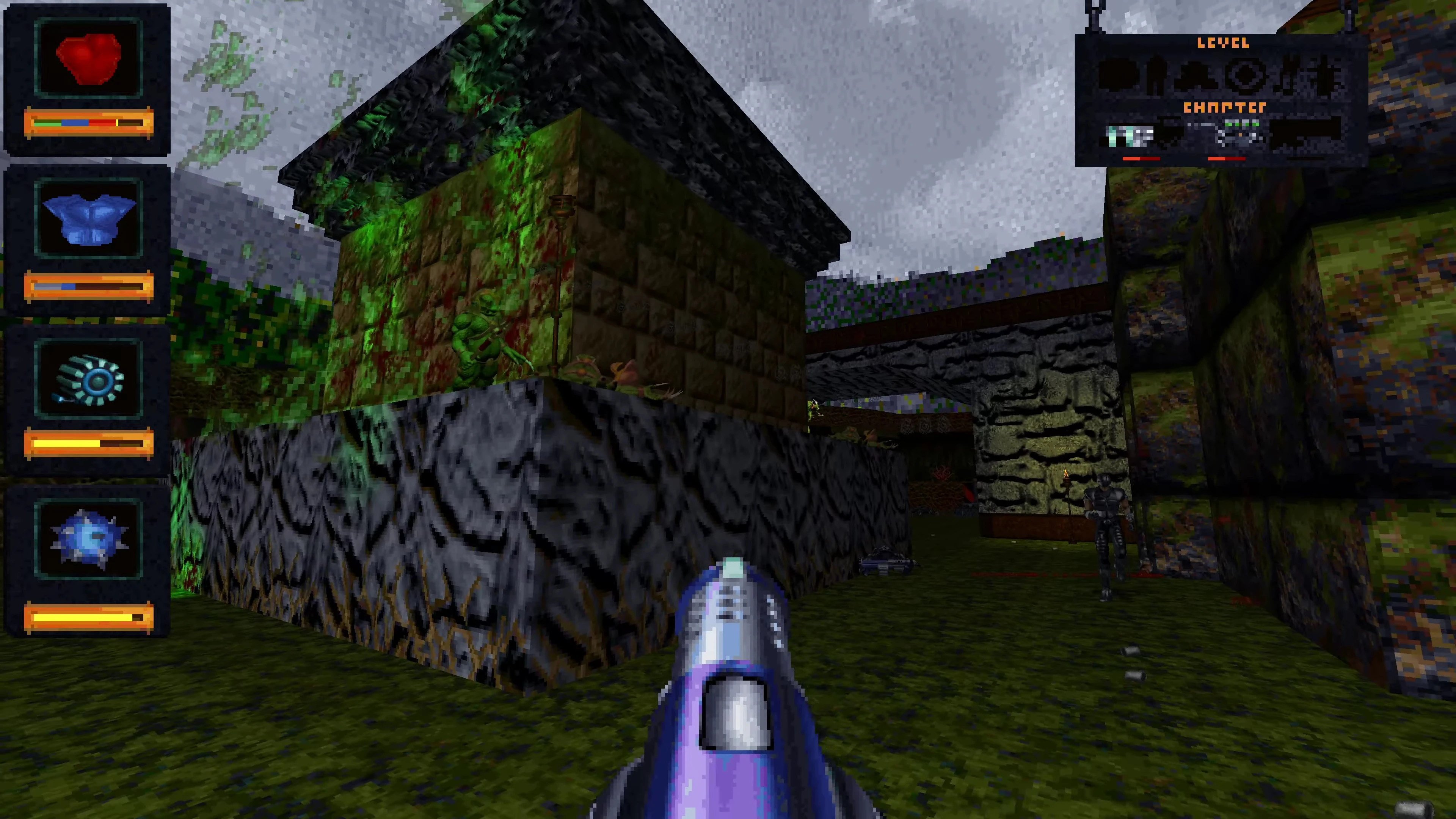 First-person view in Doom II mod Fate Total Conversion showing weapon, HUD, and enemy in a dark textured outdoor environment