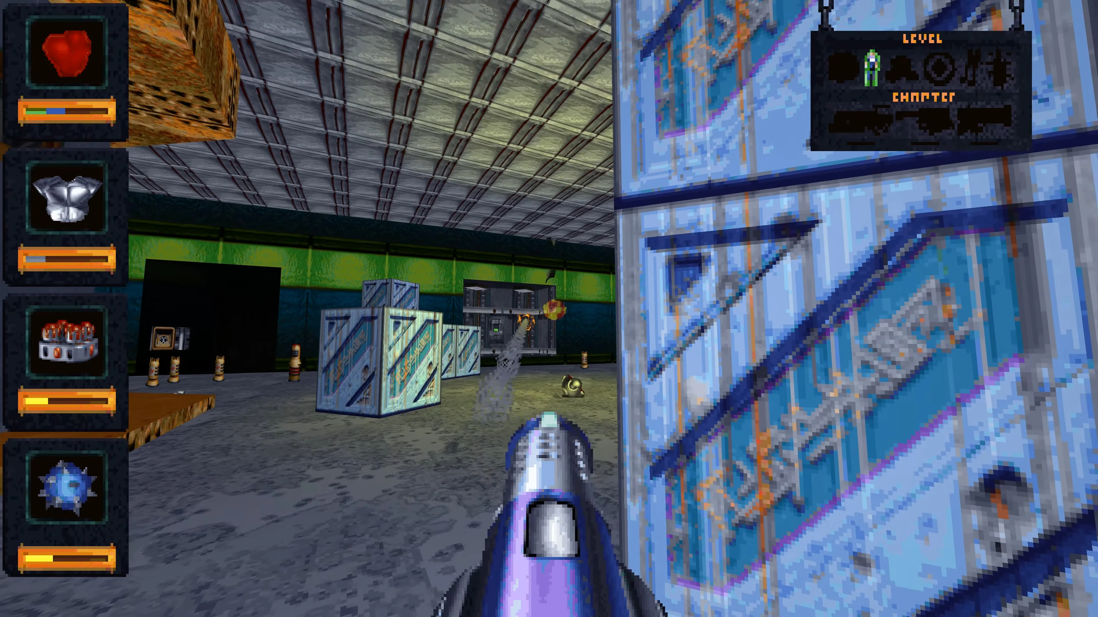 Screenshot showing a player shooting with futuristic gun and health, armor, ammo HUD in Fate mod for Doom II