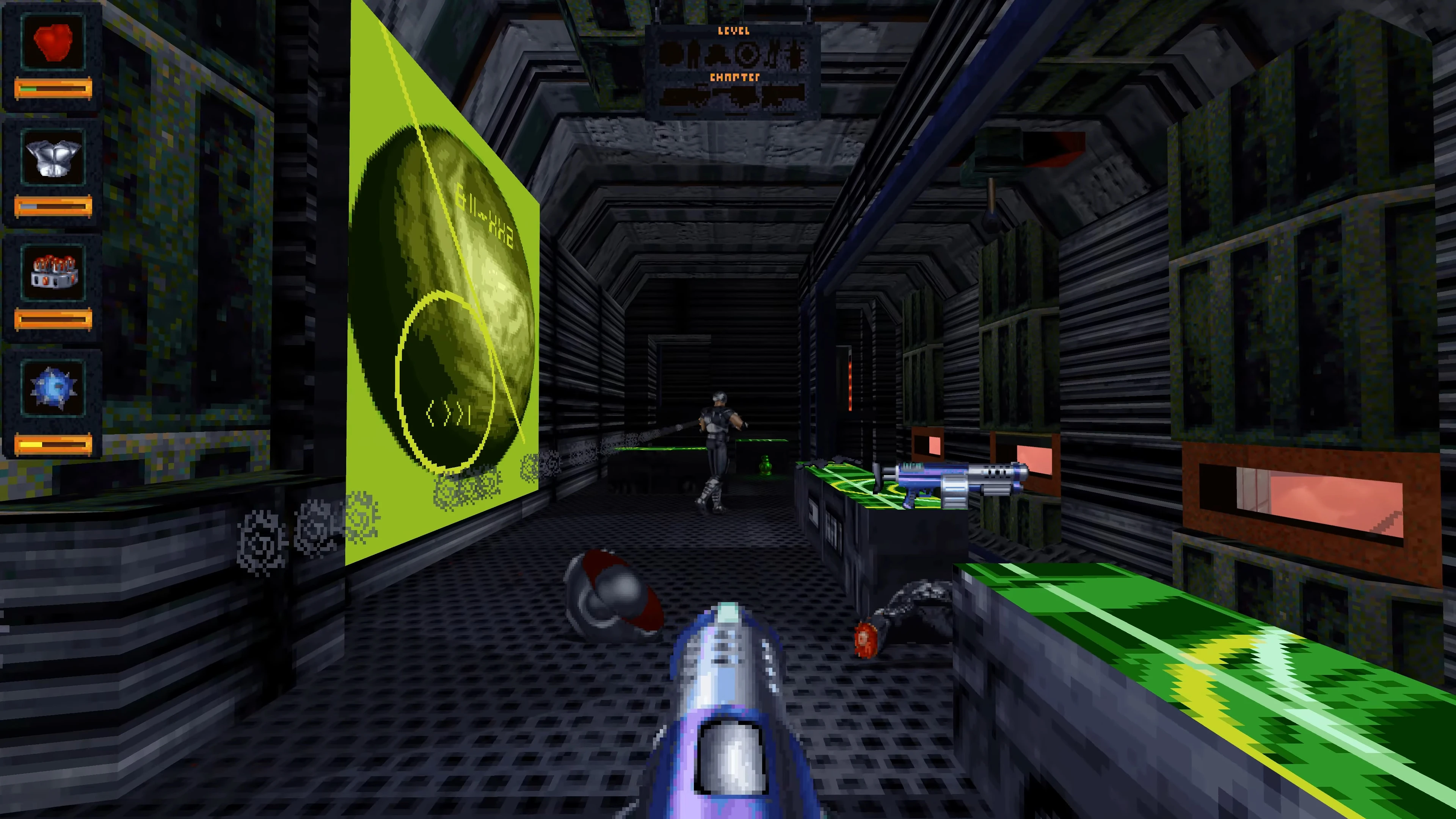 First-person view of a futuristic gun aiming at a character in a dark corridor with sci-fi panels in Doom Fate mod