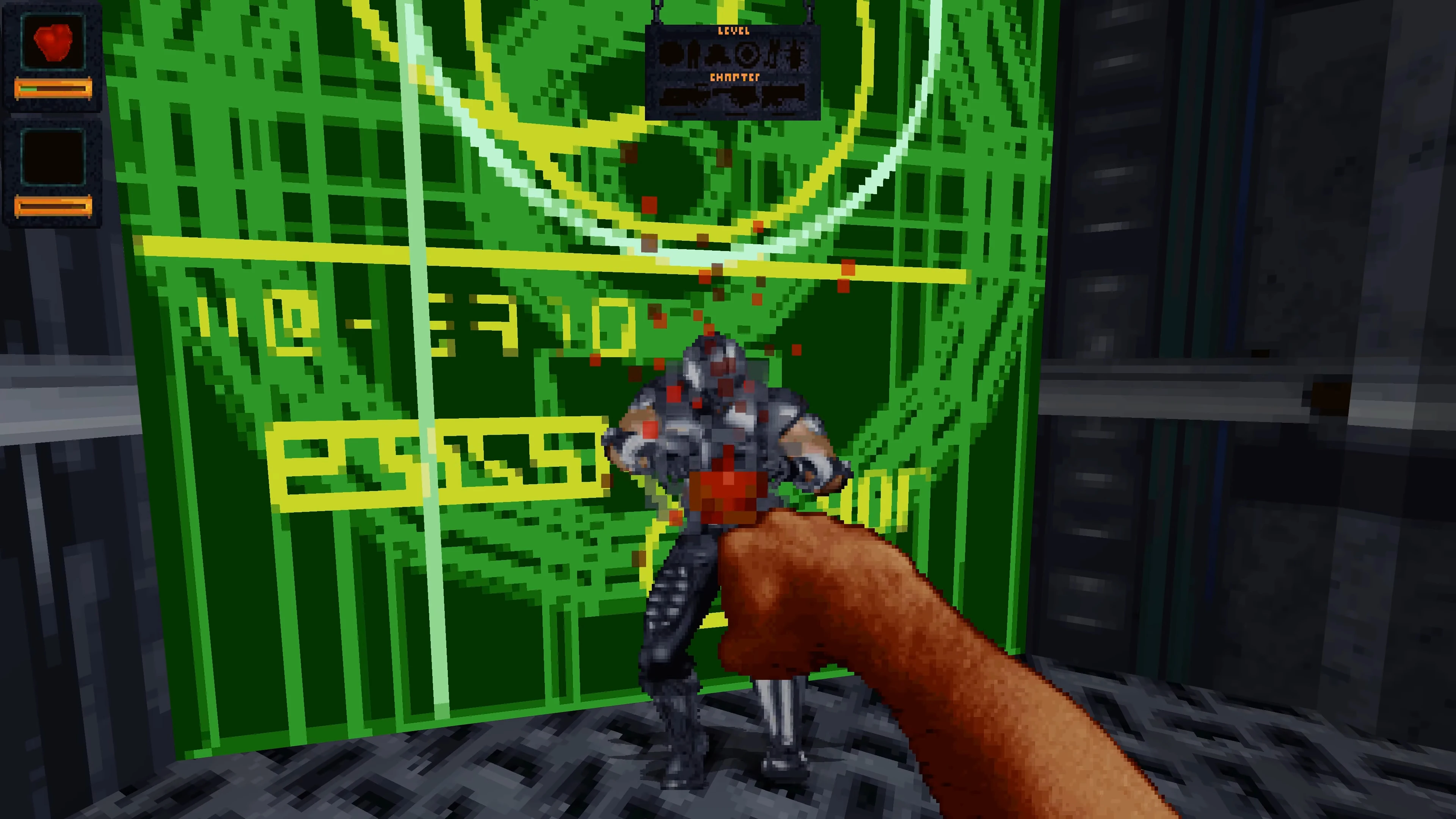 Screenshot of player punching a pixelated armored enemy in front of a glowing green digital backdrop in Doom II mod Fate