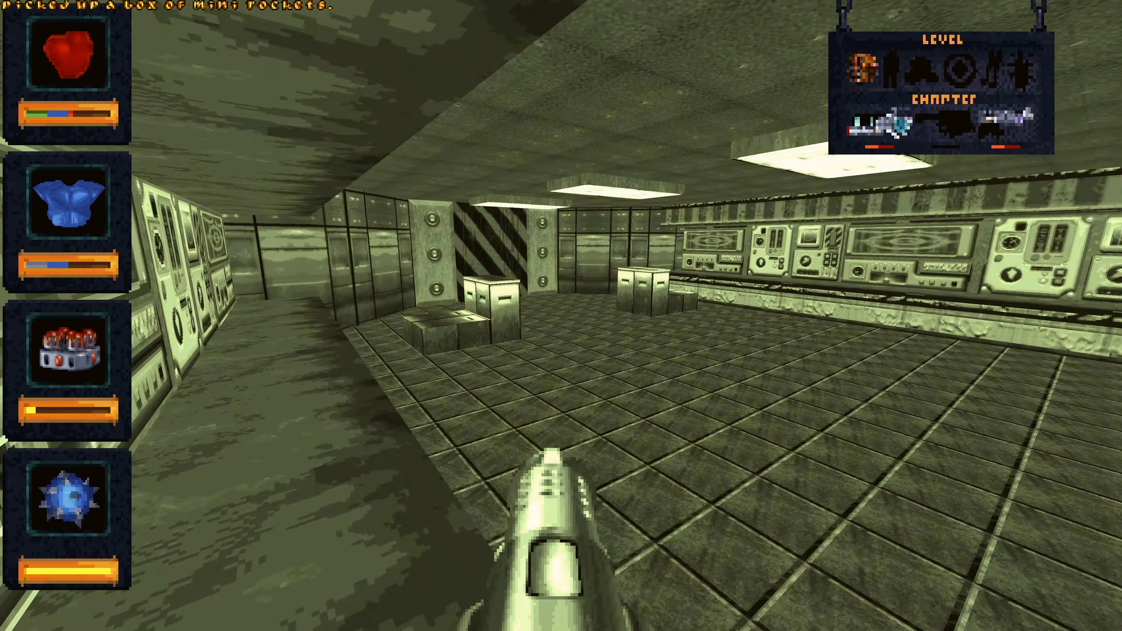View of a futuristic control room with tiled floor and weapon icons HUD in Fate mod for Doom II