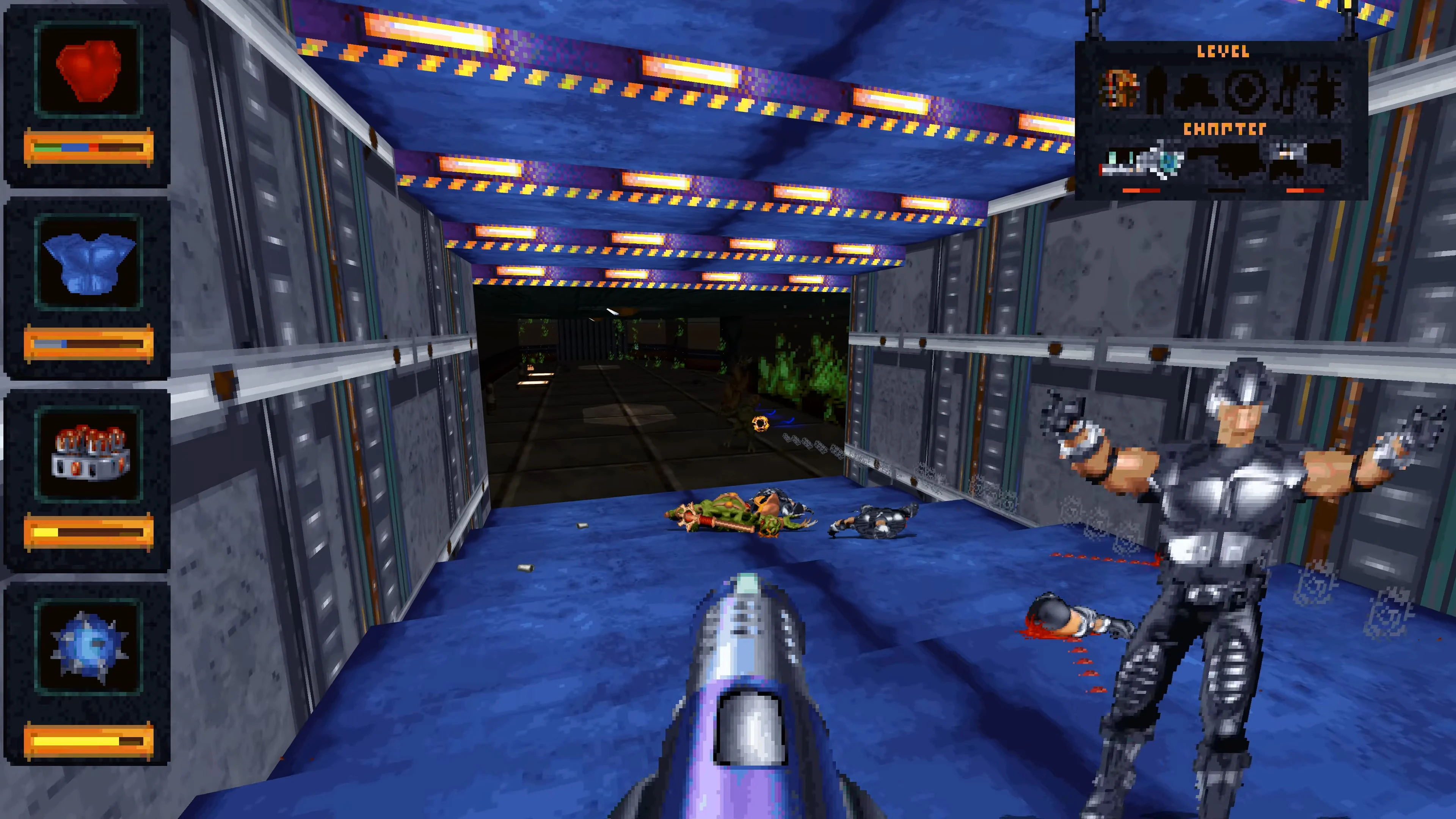First-person view in a blue-lit sci-fi corridor with a weapon aimed, enemies defeated on the floor in Fate mod