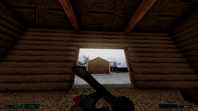 Jugador con arma dentro de una cabaña de troncos con nieve afuera en el mod Half The Way de Doom II