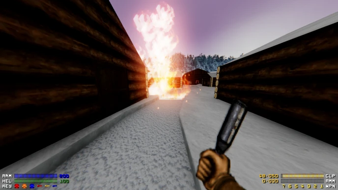 Vista en primera persona de un callejón nevado con troncos a los lados y una explosión en el mod Half The Way Guerra Civil Rusa