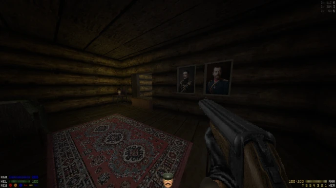 Captura de pantalla del mod Half The Way de Doom II mostrando habitación de madera con dos retratos y escopeta