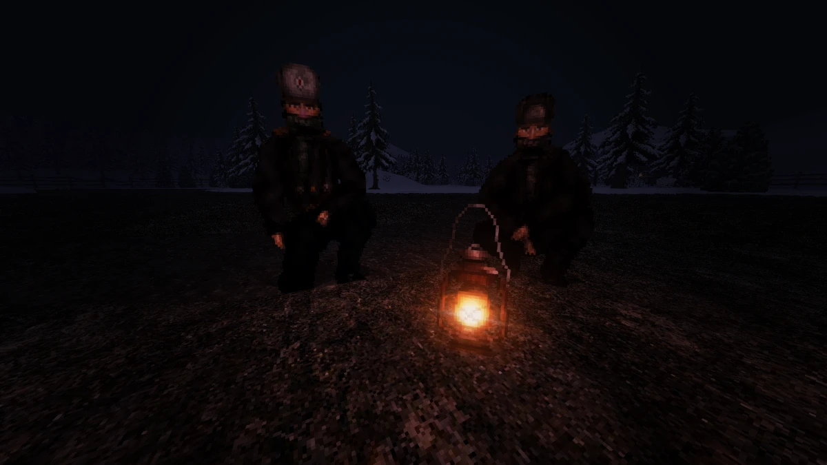 Dos soldados agachados junto a una linterna brillante en un bosque nevado oscuro de noche en mod de Doom II